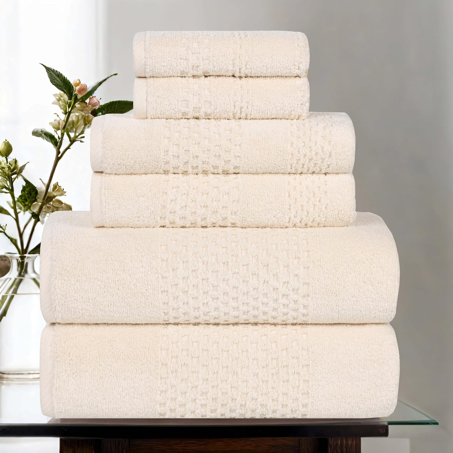 Superior Playa Zero Twist Cotton Medium Weight Towels, for Guest Bath, Bathroom, Shower, Spa, Plush, Quick Dry, Ultra-Soft Towels, Bath Essentials, Waffle Textured, 6 Piece Assorted Towel Set, Ivory