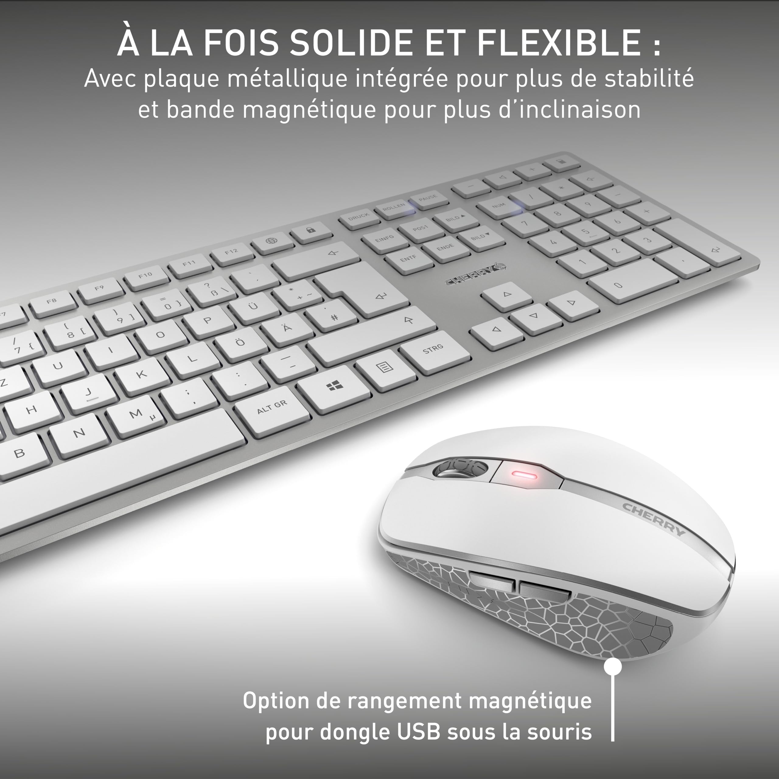 CHERRY DW 9100 Slim, Ensemble Clavier et Souris sans Fil, Disposition Belge (AZERTY), Bluetooth et radio4 GHz, Touches silencieuses, Rechargeable, Blanc argenté