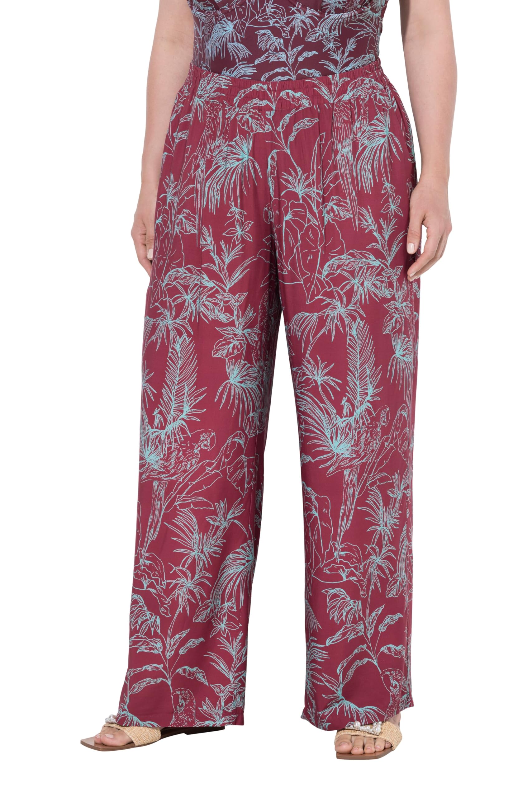 Ulla Popken Damen große Größen Übergrößen Plus Size Palazzohose, Dschungel, weites Bein, Elastikbund 841278