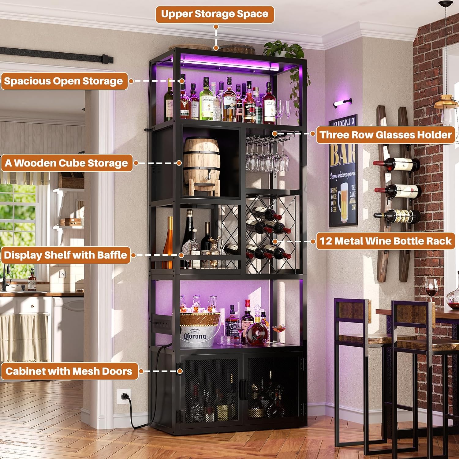 Armocity 82.6" Tall Bar Cabinet with Power Outlets & LED Lights, Liquor Cabinet Bar for Home, Reversible Coffee Station Wine Cabinet with Glass Holder & Wine Rack for Small Space, Black