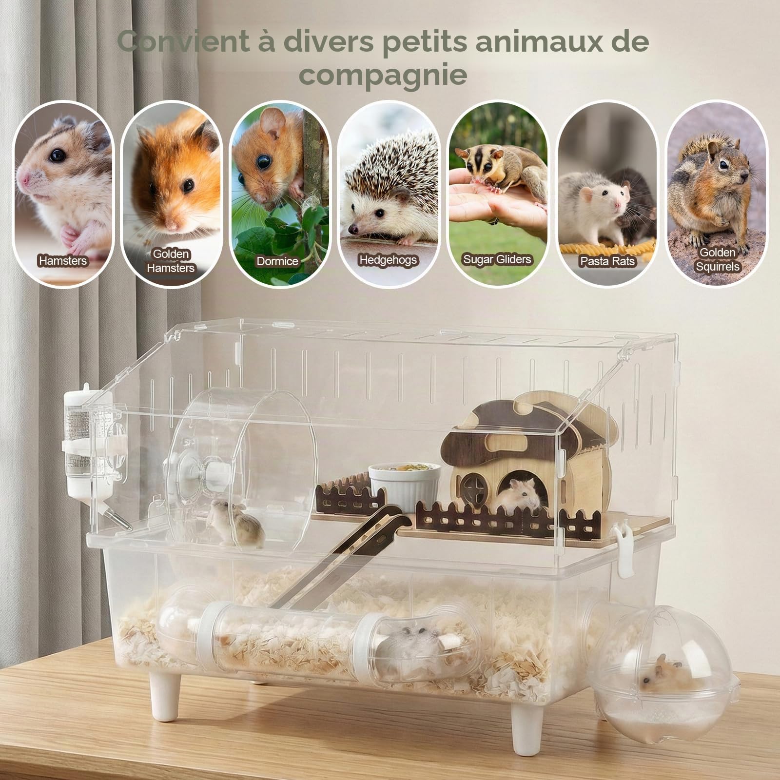 Grande cage pour hamster syrien à 2 couches, en acrylique, avec fenêtre de visualisation, 45 x 28 x 34 cm, entièrement transparente, avec décoration de maison de champignons, cage à souris pour