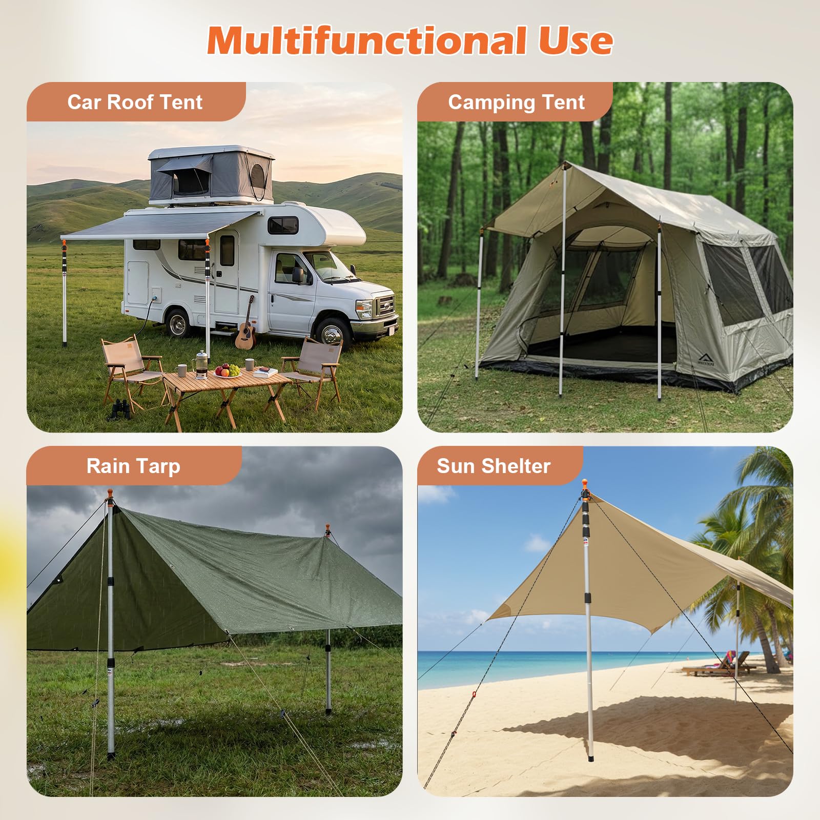 Barre télescopique pour tentes 2 pièces, Mat télescopique en alu 80-240cm – Barres de bâche pour Voile d‘ombrage, Camping – Tige télescopique avec Embout antidérapant et Housse de Rangement