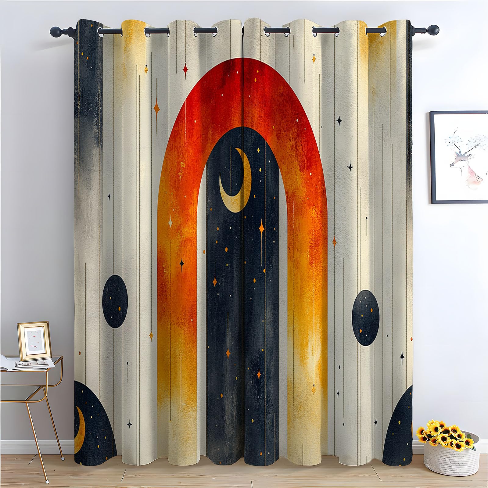 Aquarell Gardinen Blickdicht,Bunt Vorhänge, Boho-Himmelskörper-Mond-Sterne Modern Abstrakte Tierdruck Vorhang, Verdunklungsvorhänge für Schlafzimmer Wohnzimmer,-H240 x B140 cm (2er Pack)