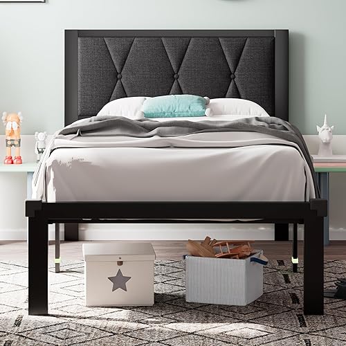 iPormis Base de cama de plataforma de metal individual con cabecera tapizada, marco de cama resistente mejorado con soporte de listones de acero12