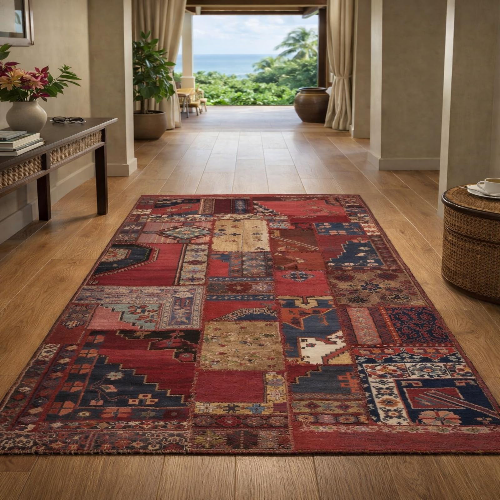 Grand tapis de salon vintage bleu et rouge pour décoration de chambre