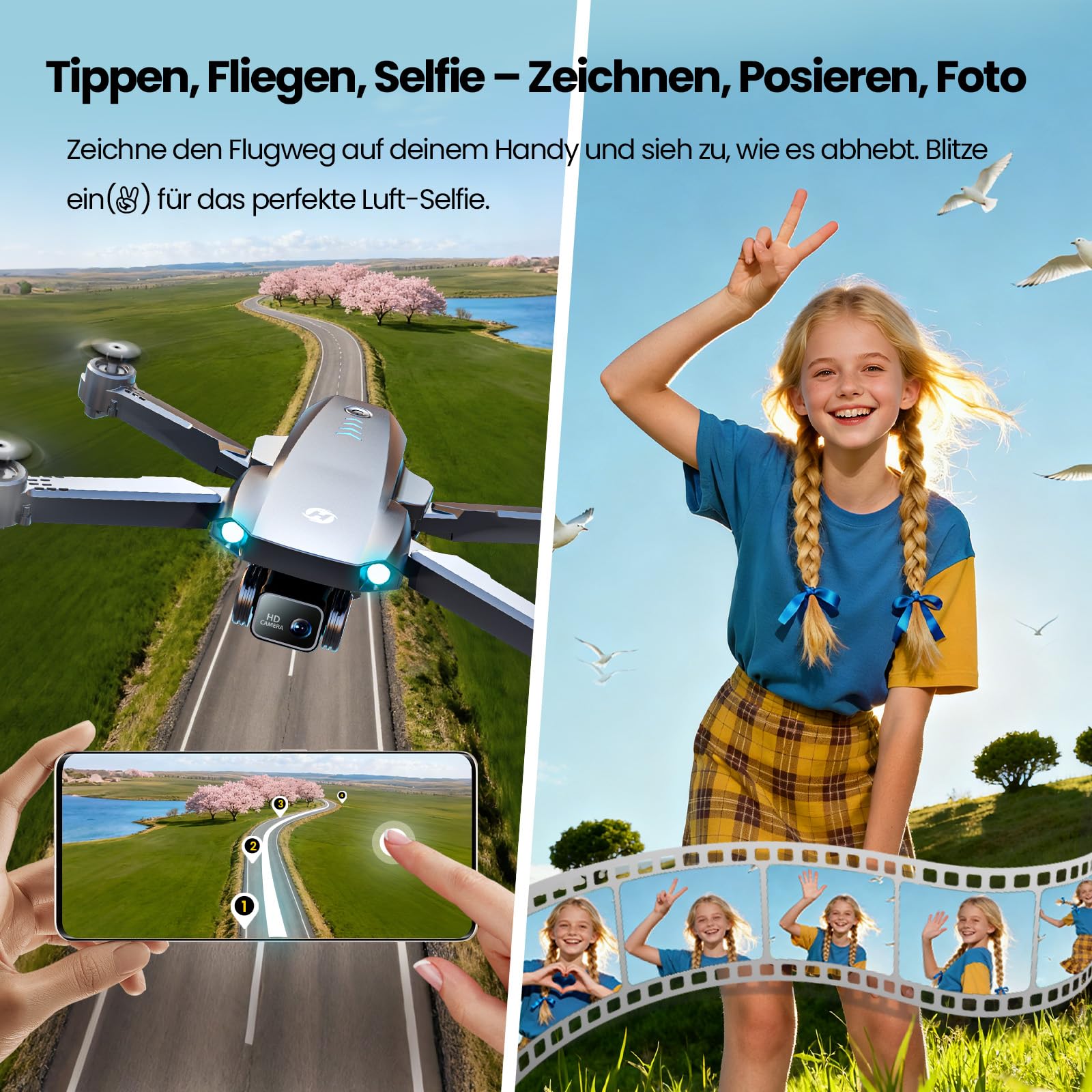 Holy Stone HS290 Drohne mit Kamera 1080P für Kinder & Anfänger | Optischer Fluss, Gesten Selfie, Tap Fly, Kriesflug, 3 Geschwindigkeitsstufen, 2 Akkus, Faltbares Design