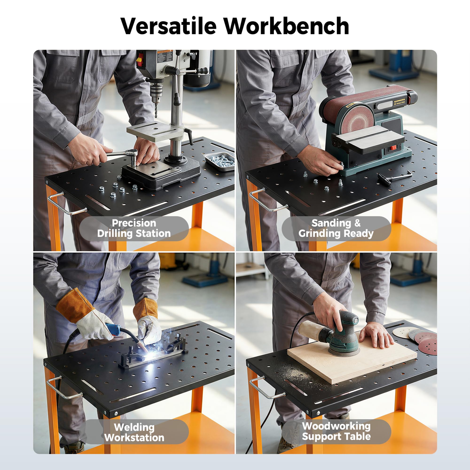 Table de Soudage 91x46 cm, Charge de 544 kg, Finition Oxyde Noir, Établi de Soudage avec 4 Roulettes de Freinage Verrouillables, 4 Fentes pour Outils, Trous de Fixation de 1,6 cm pour Garage, Atelier
