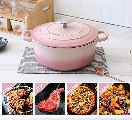 Miniatura 6 de Horno holandés cubierto de hierro fundido esmaltado de 5.5 cuartos de galón con doble asa, hornos holandeses con tapa para hornear pan, rosa
