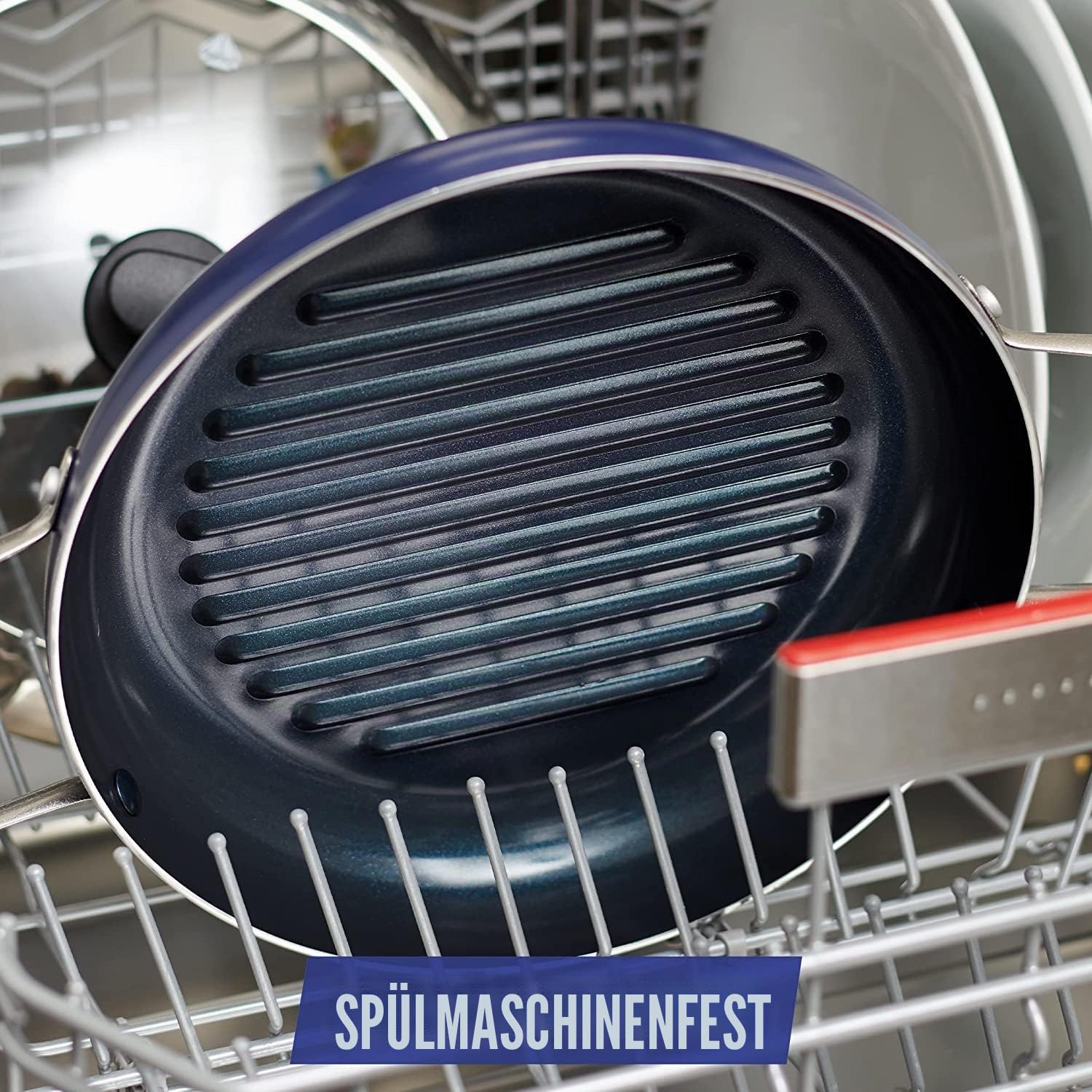 Blue Diamond Cookware Diamantierte Keramische Antihaft-Grillpfanne 28 cm mit Glasdeckel, PFAS-frei, Grillen, BBQ, Backofen sicher, Blau