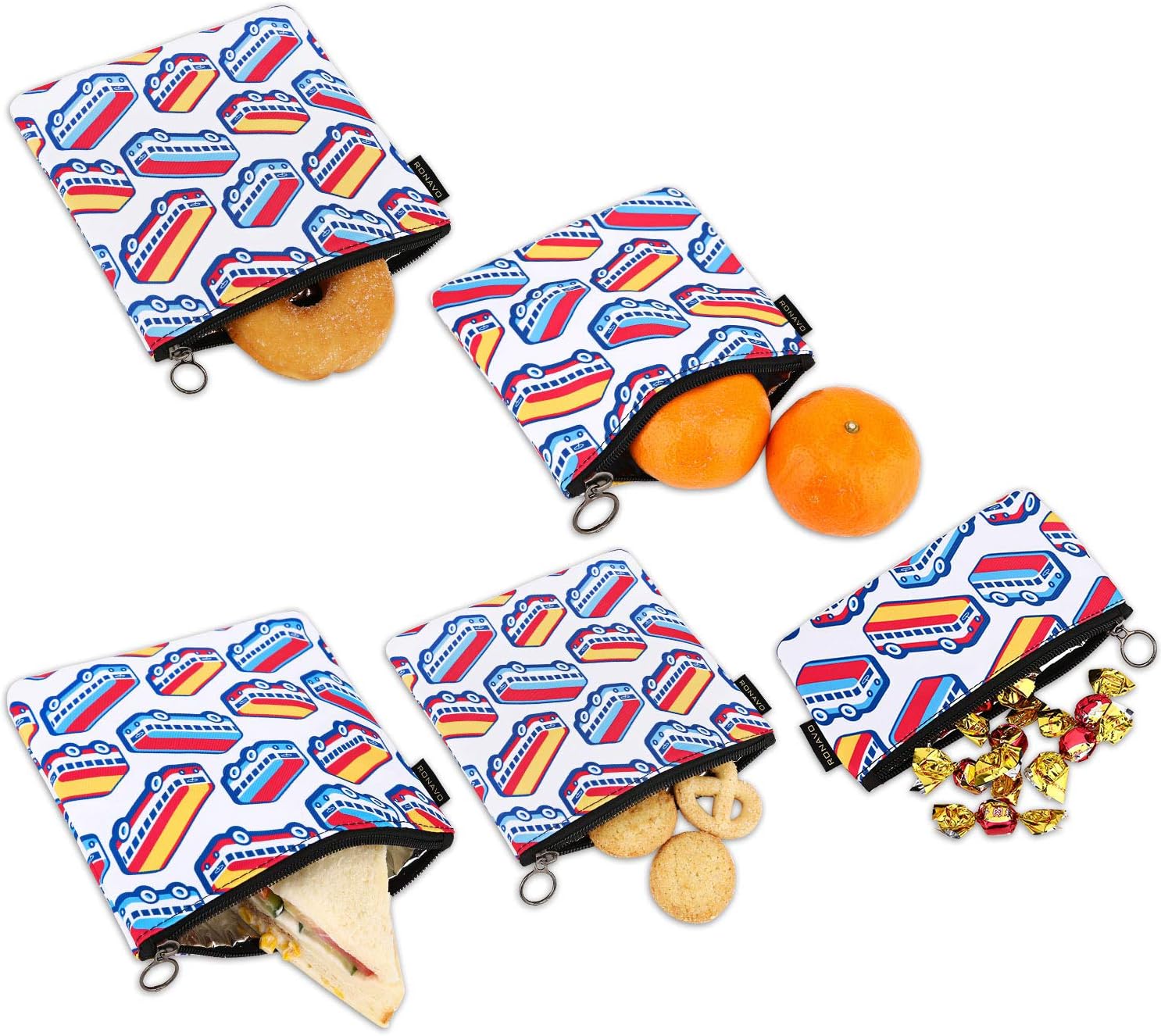 Reusable Cloth Sandwich Bags & Snack Bags - Set of 5 Reuseable Ziplock Bag Eco Friendly Safe Lunch Bags(car)