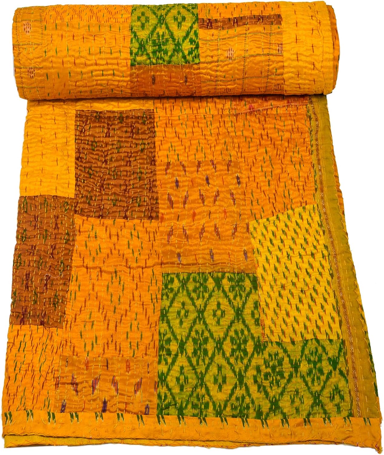 Marubhumi Indian Handmade Quilt Indian Silk Sari Kantha Quilted Patchwork (Yellow, Queen (90"x 108"))