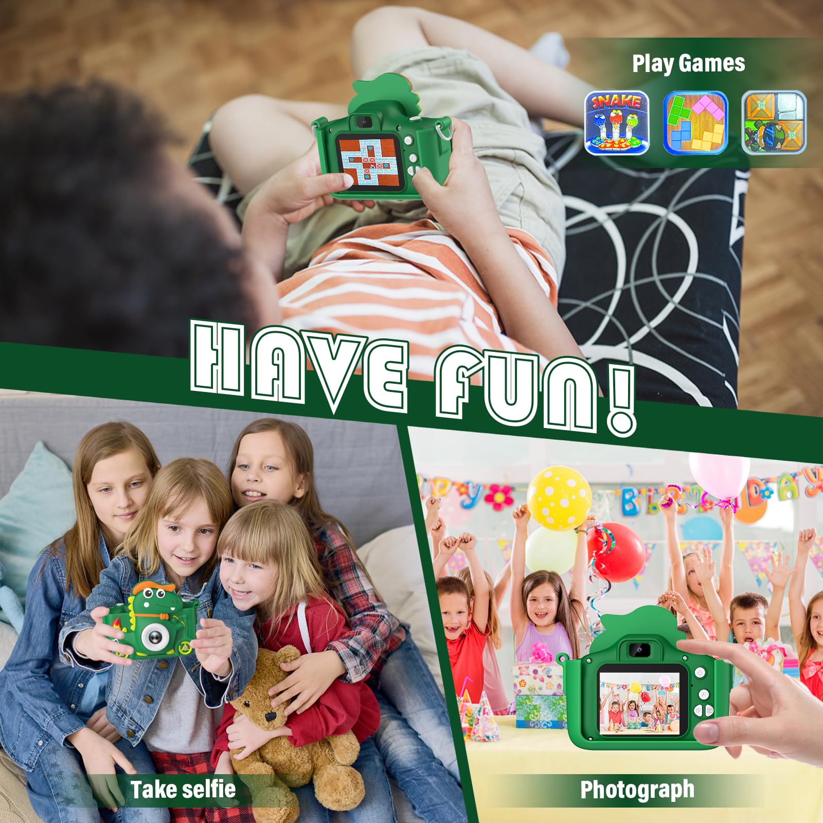 Macchina Fotografica Bambini Dinosauro, 2" 1080P Fotocamera Bambini, HD Selfie Fotocamera Per Bambini 32G, Regalo per bambino e bambina 3 4 5 6 7 8 9 10 11 12 Anni, Regali Giocattolo (Verde)