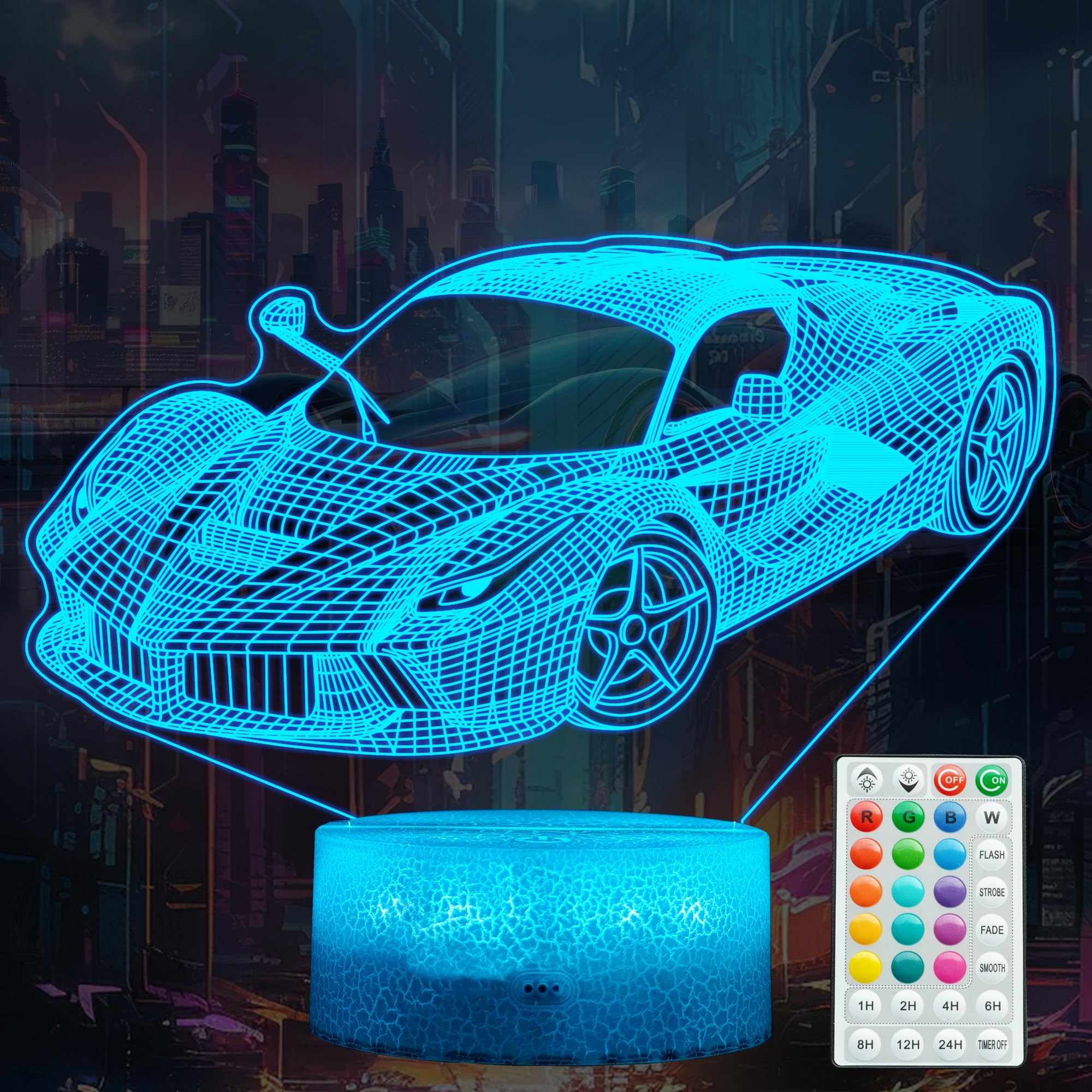 Posshe Men's Race Car 2 Car Gifts For Racing Vehicle Night Light With Remote Control, 16 Colors Changing, Rgb Flashing Mode And Dimmable, Cool Gifts For Boys Christmas Decor