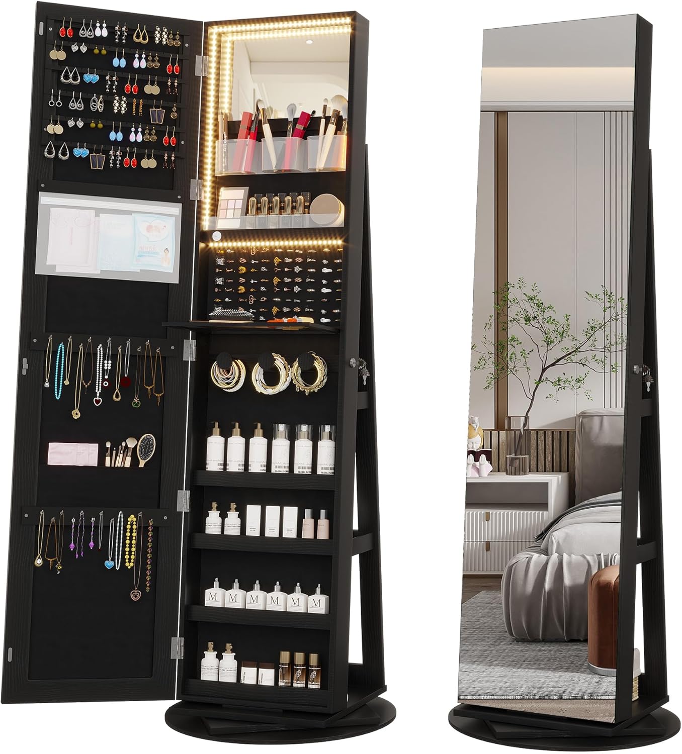 Vlsrka 360° Swivel Mirror Jewelry Cabinet with Lights, Large Jewelry Armoire Cabinet Standing, Lockable Free length Mirror with Storage, Rear Storage Shelves, Black - Image 8
