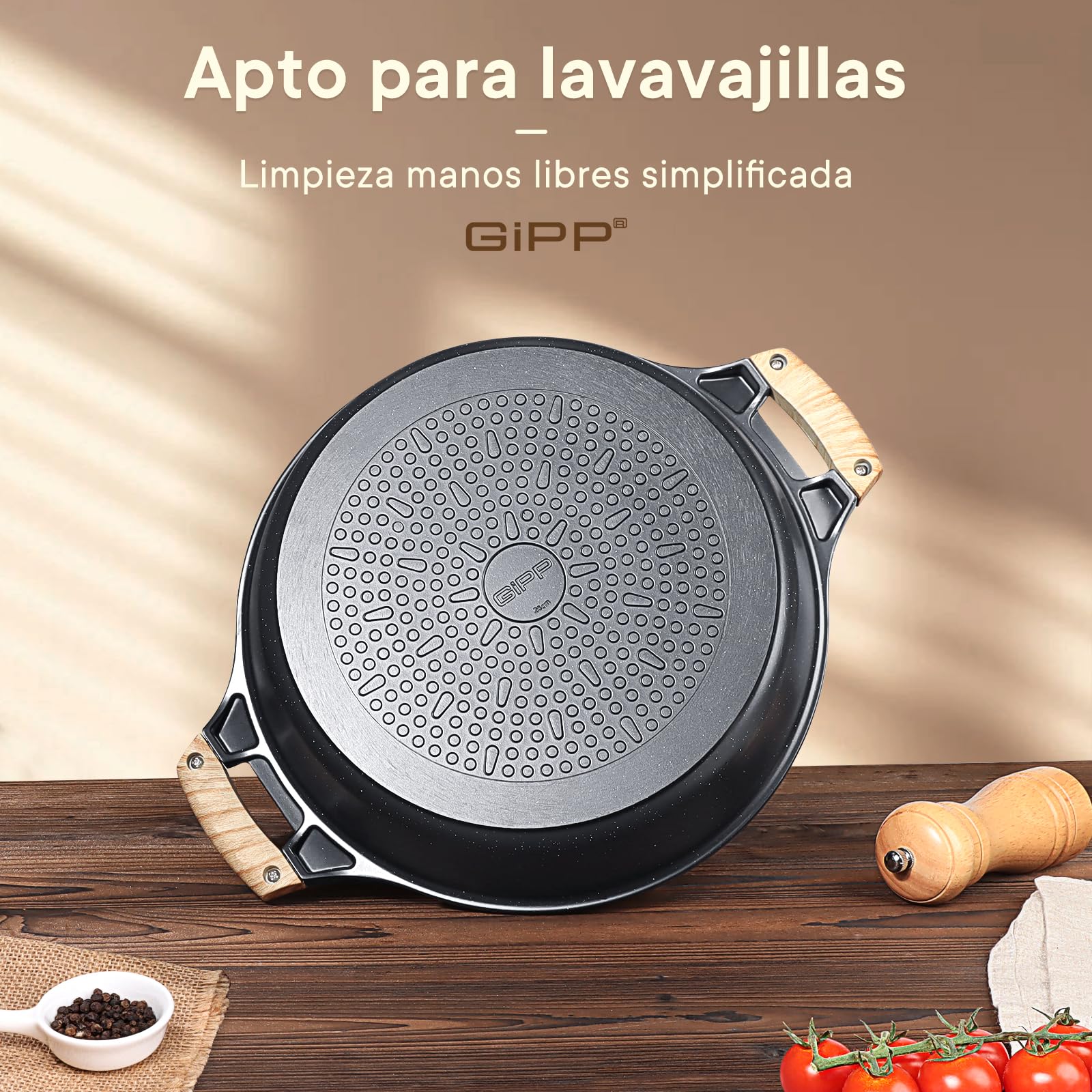 GiPP Cacerola 32cm con Tapa y Mango Antiquemaduras, Ollas Cocina con Revestimiento Cerámico Antiadherente, Aluminio Fundido, Apta Para Todo Tipo de Cocinas Incluida Inducción y Horno, Altura 8.5 cm