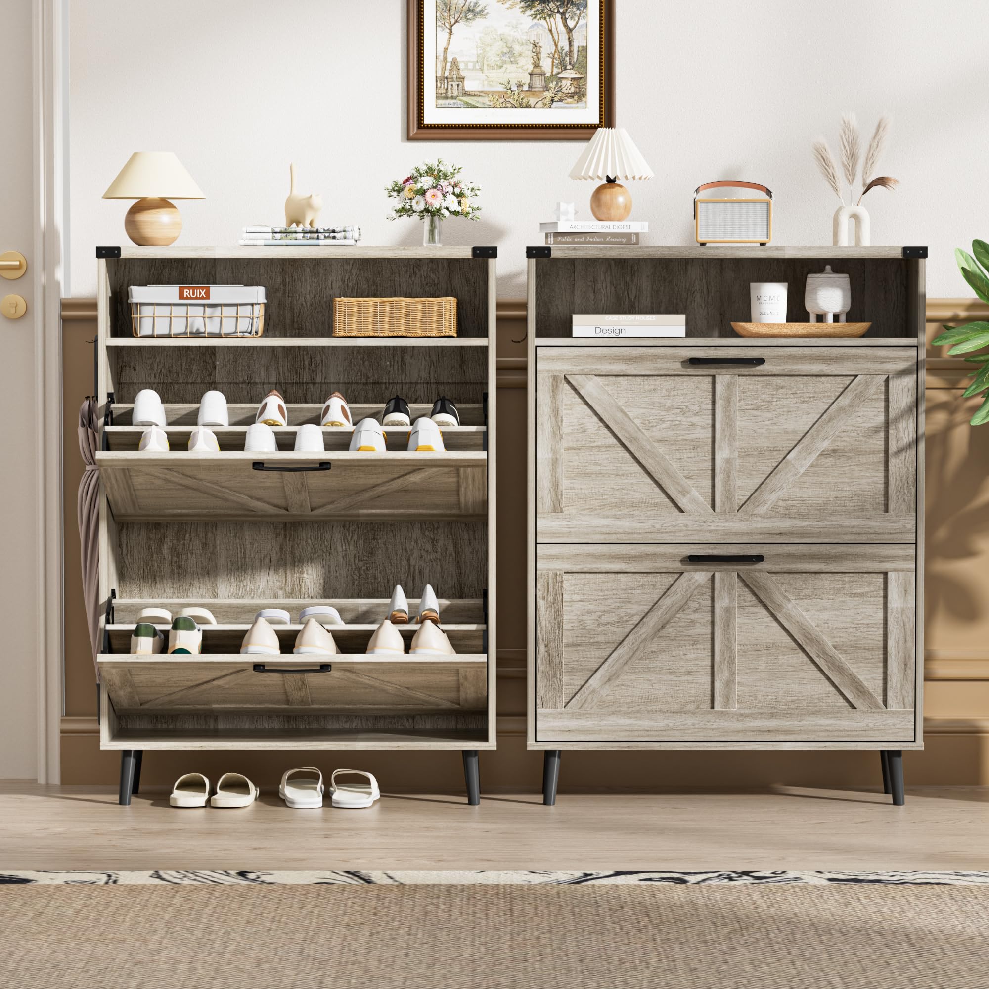 BonVache Zapatero estrecho con 2 solapas, zapatero con 4 estantes, zapatero de madera, 80 x 23.8 x 113.5 cm, gris