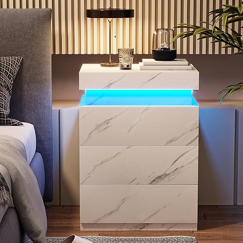 ADORNEVE Nightstand with Charging Station and LED Lights,Night Stand with Sliding Top for Bedroom,Bedside Table with Drawers,Modern End Side Table,White Marble