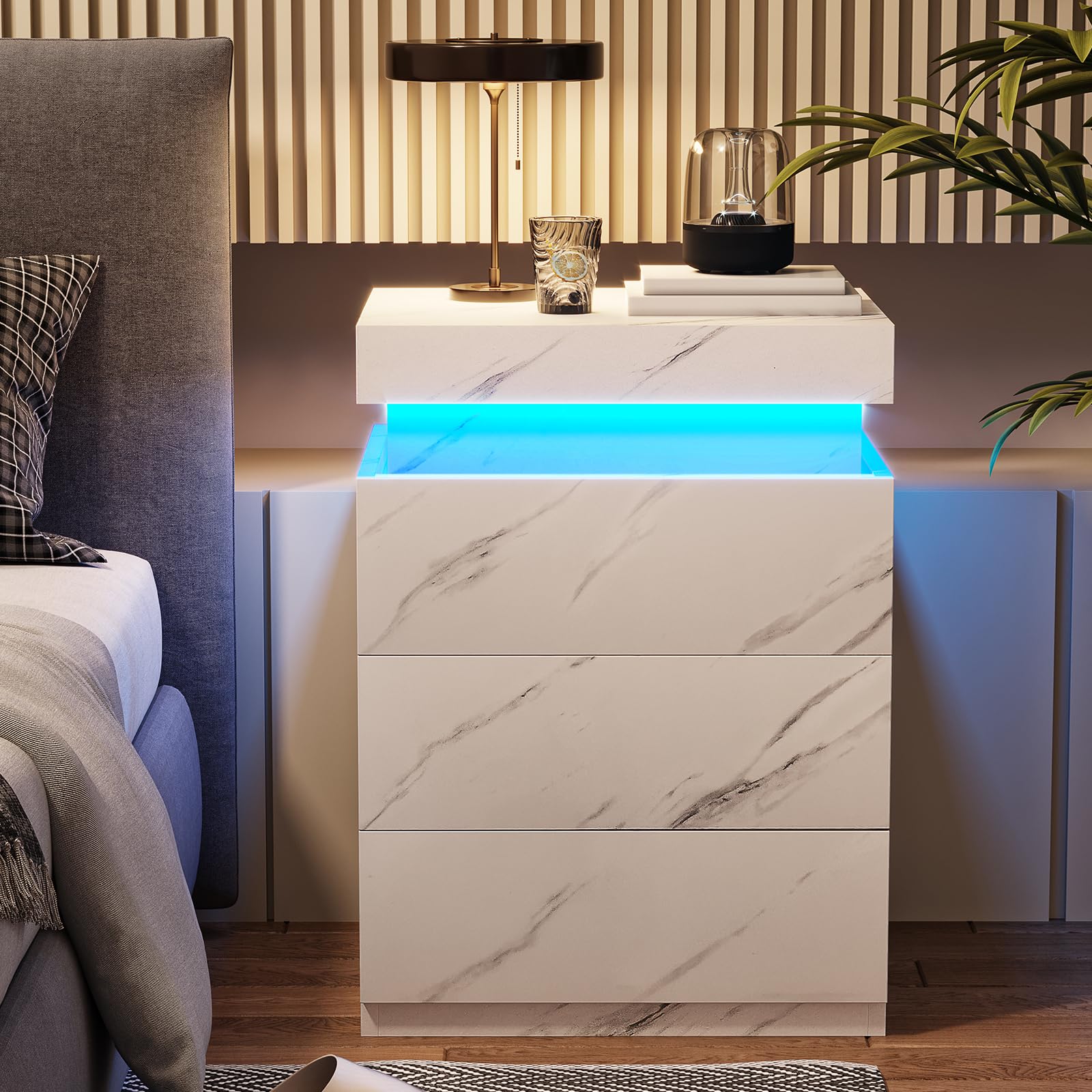 ADORNEVE Nightstand with Charging Station and LED Lights,Night Stand with Sliding Top for Bedroom,Bedside Table with Drawers,Modern End Side Table,