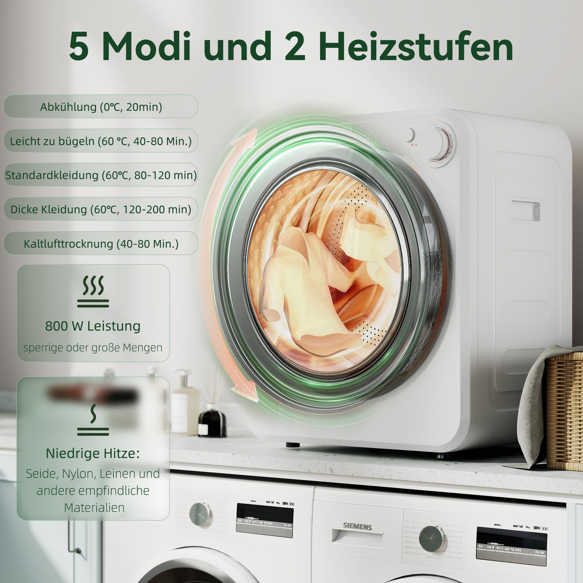 HOMCOM Mini Wäschetrockner 4 kg mit 5 Programme bis zu 60℃ 800W/400W Freistehend Wandmontierbar Ablufttrockner mit reversibel Edelstahltrommel Trockner für Kleidung Wohnmobile Wohnheime Zuhause Weiß