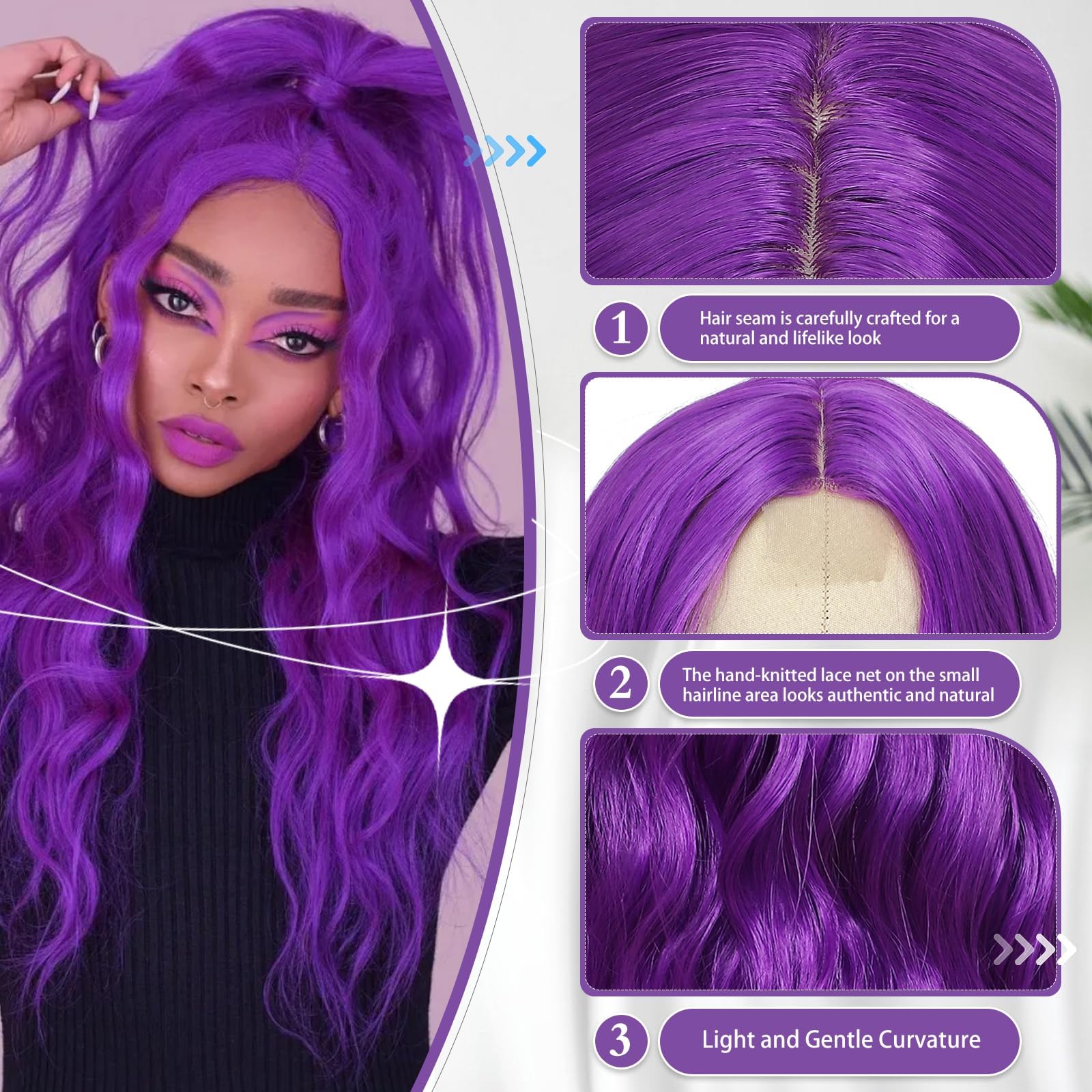 BUPPLER Cosplay Long Purple Wig 28 Inch Middle Part Synthetic Wig Realistic Gifts Party Wigs for Women Daily Use Colorful Wigs (Purple) - Image 4
