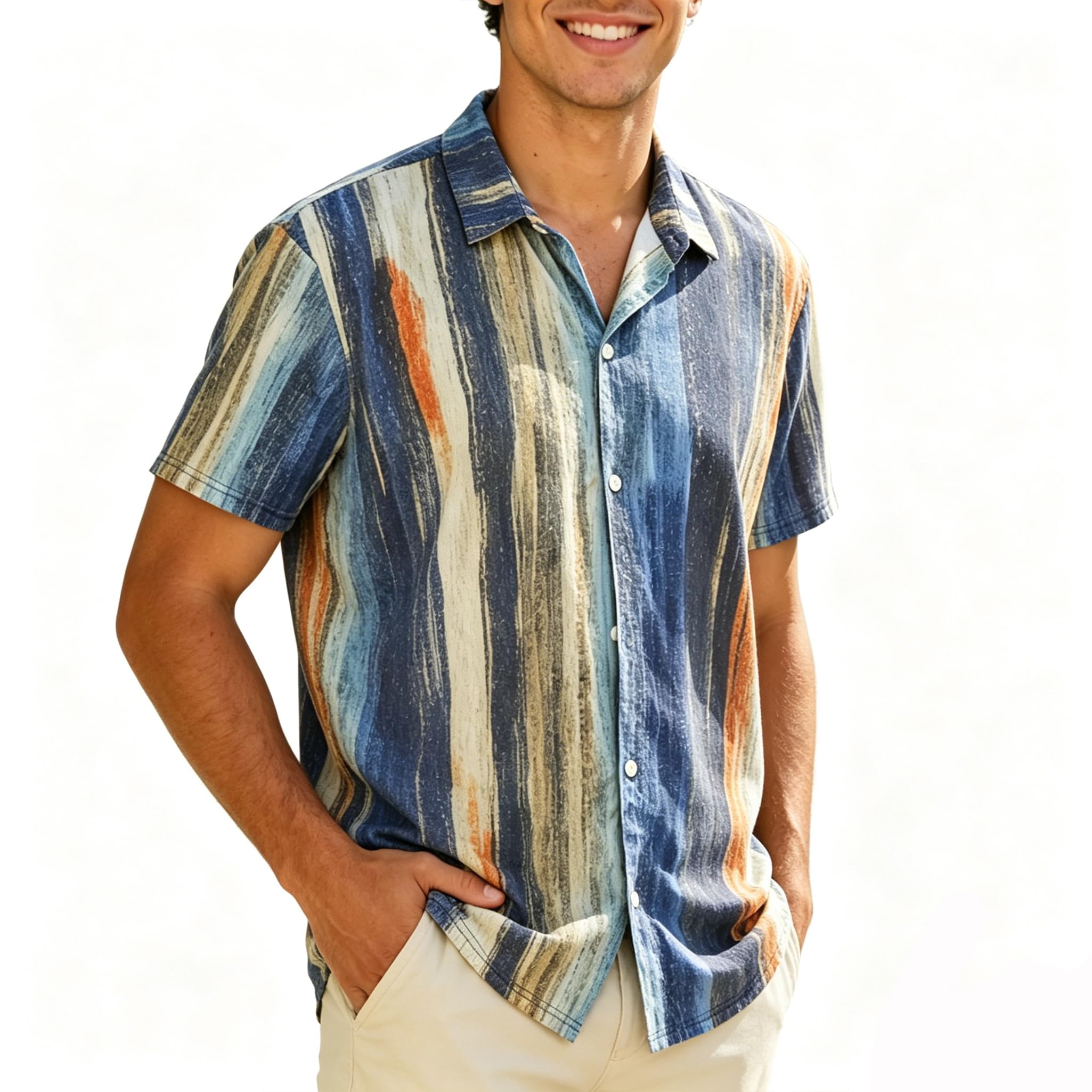 voofly Camisa Manga Corta Hombre Estampado Rayas con Botones Casual Playera Hawaiana Azul y Naranja 2XL
