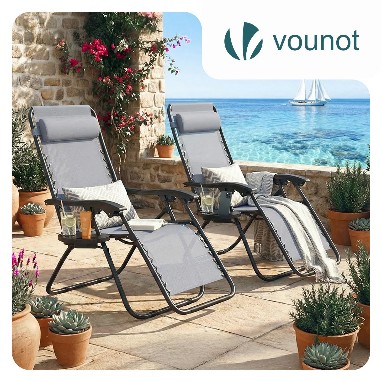 VOUNOT® Set de 2 Tumbona Plegable Multiposicione Jardín, Silla Gravedad Cero Reclinable, con Soporte para Bebidas y Reposacabezas Axtraíble, Carga máxima 120kg, Gris