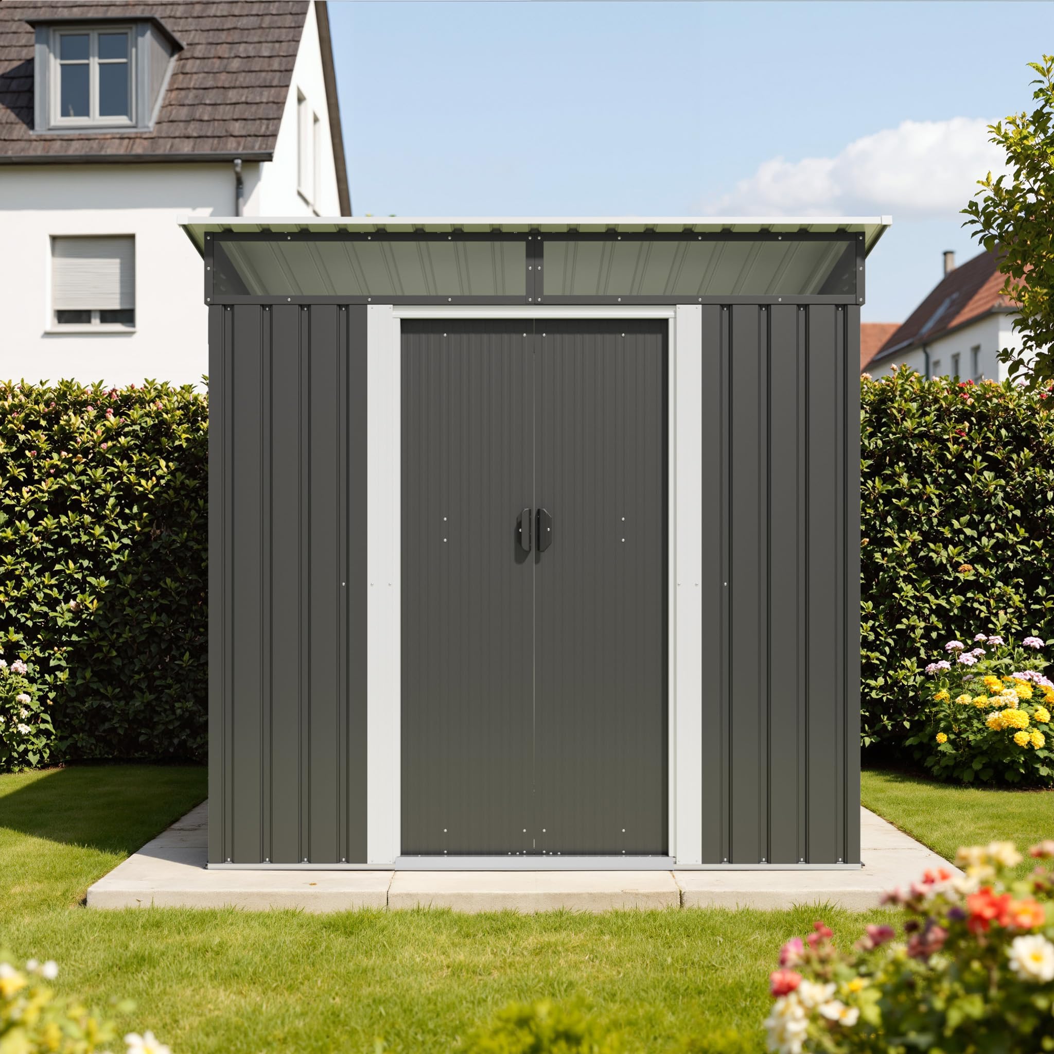 Triumphkey Metall Gerätehaus 3.6m³ mit Fundament, 183x109x182cm, Gartenhaus mit Oberlichte, Pultdach, Gartenschuppen für Terrasse, Rasen, Anthrazit