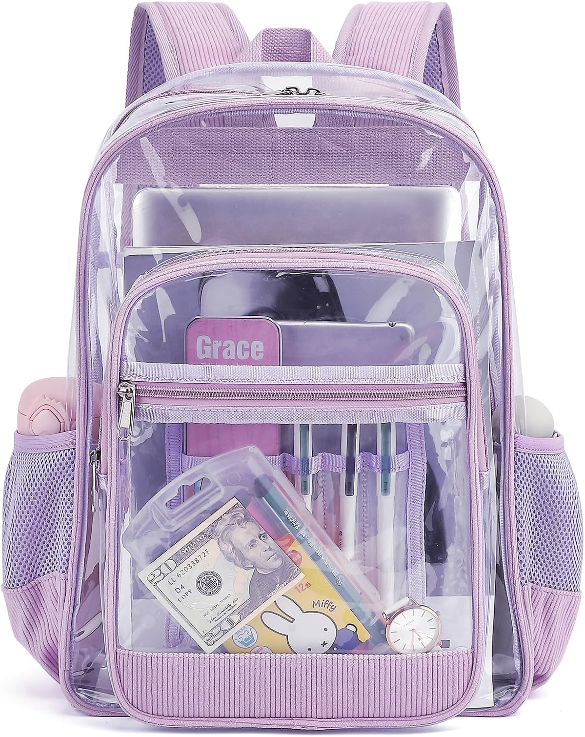 Corduroy Clear Backpack for Girls Women, Heavy Duty Transparent School Backpack PVC See Through College Bookbag (Purple)