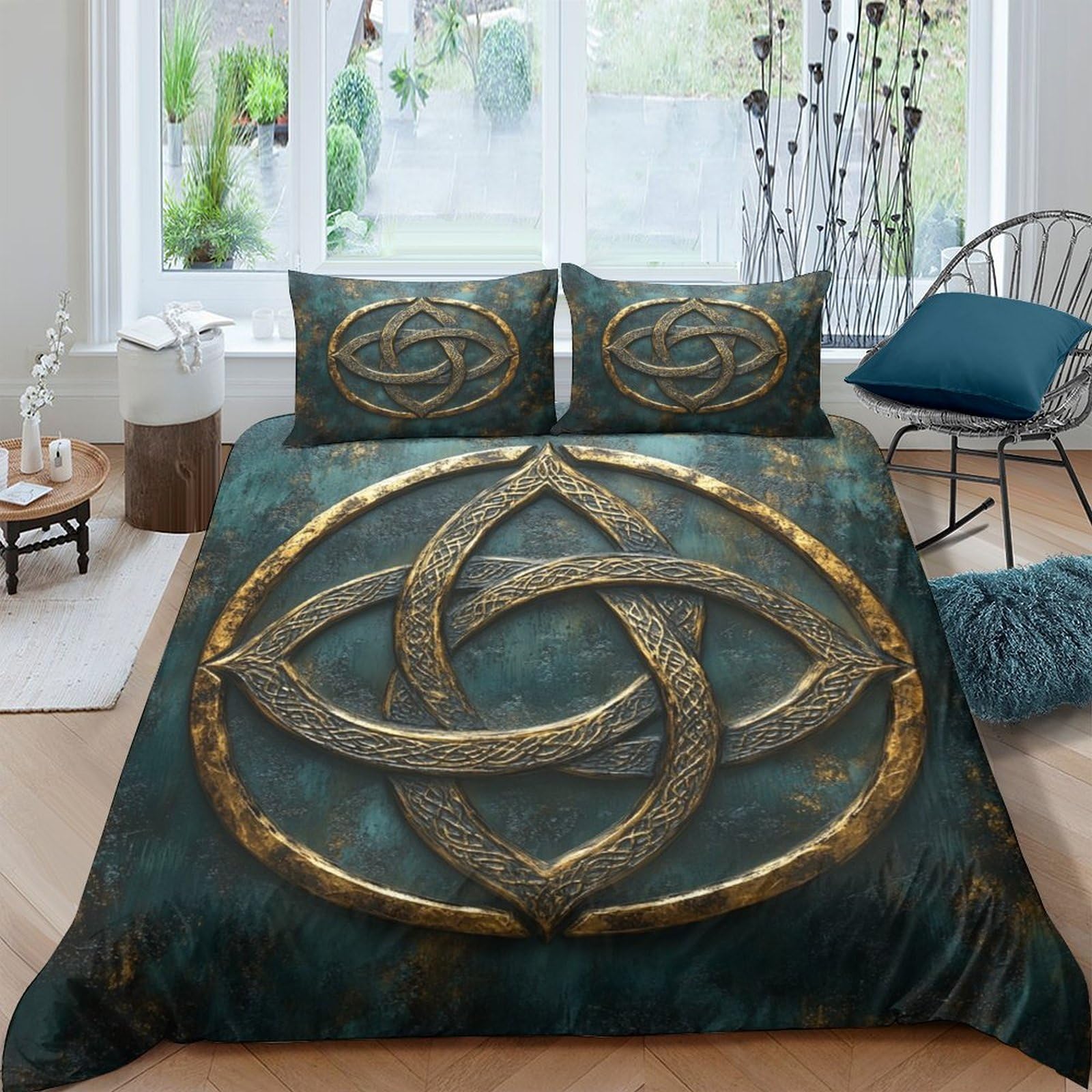 Ctjqhvkz Style-9 3D Printed Celtic Knot Fitted Sheet Microfiber Soft Dark Green Gold Medieval Bed Cover For Bedroom Dorm Mattress Decor Single（135X200cm）