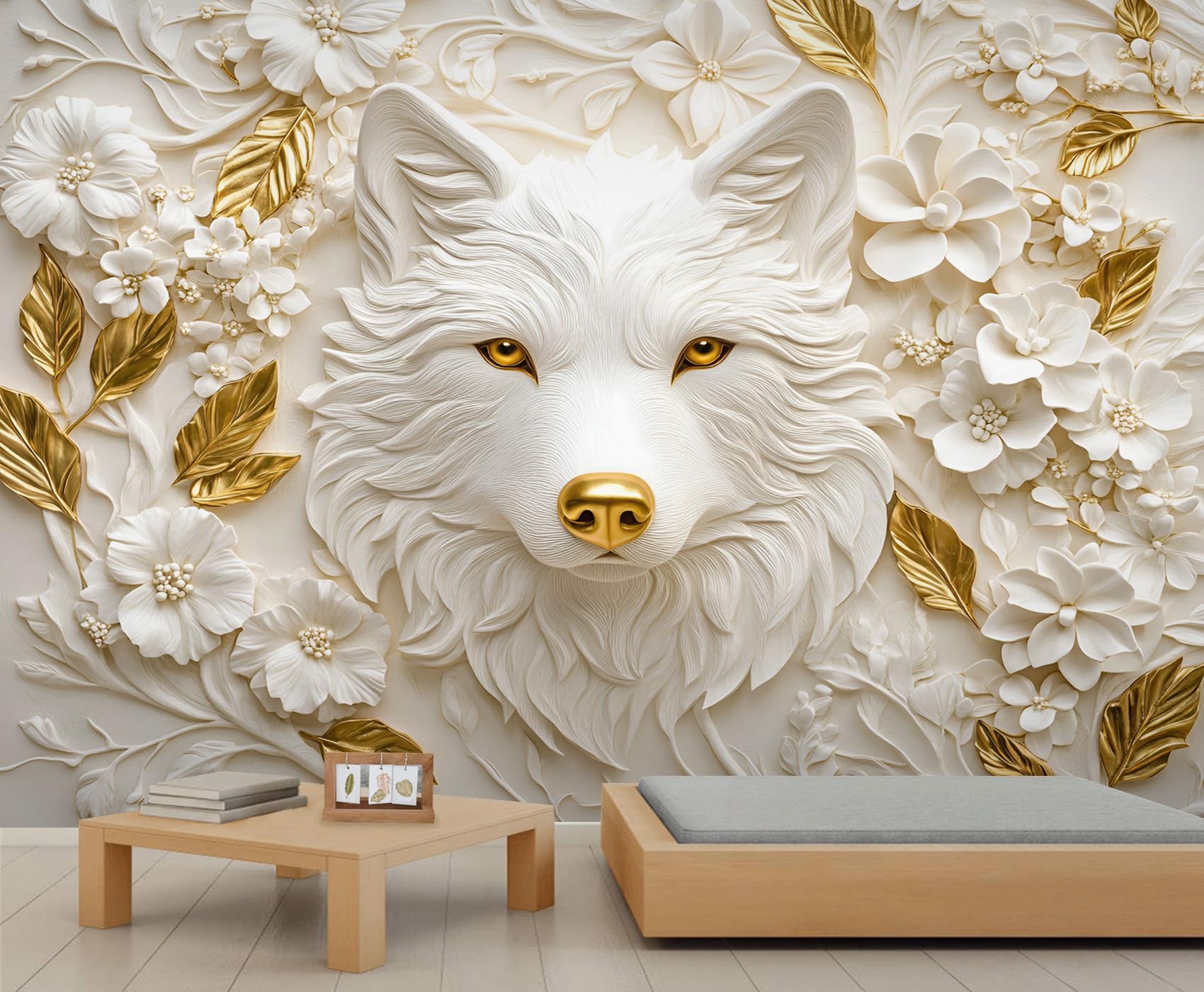Papier peint fresque loup sculpté or et blanc | Revêtement mural grand format style luxe