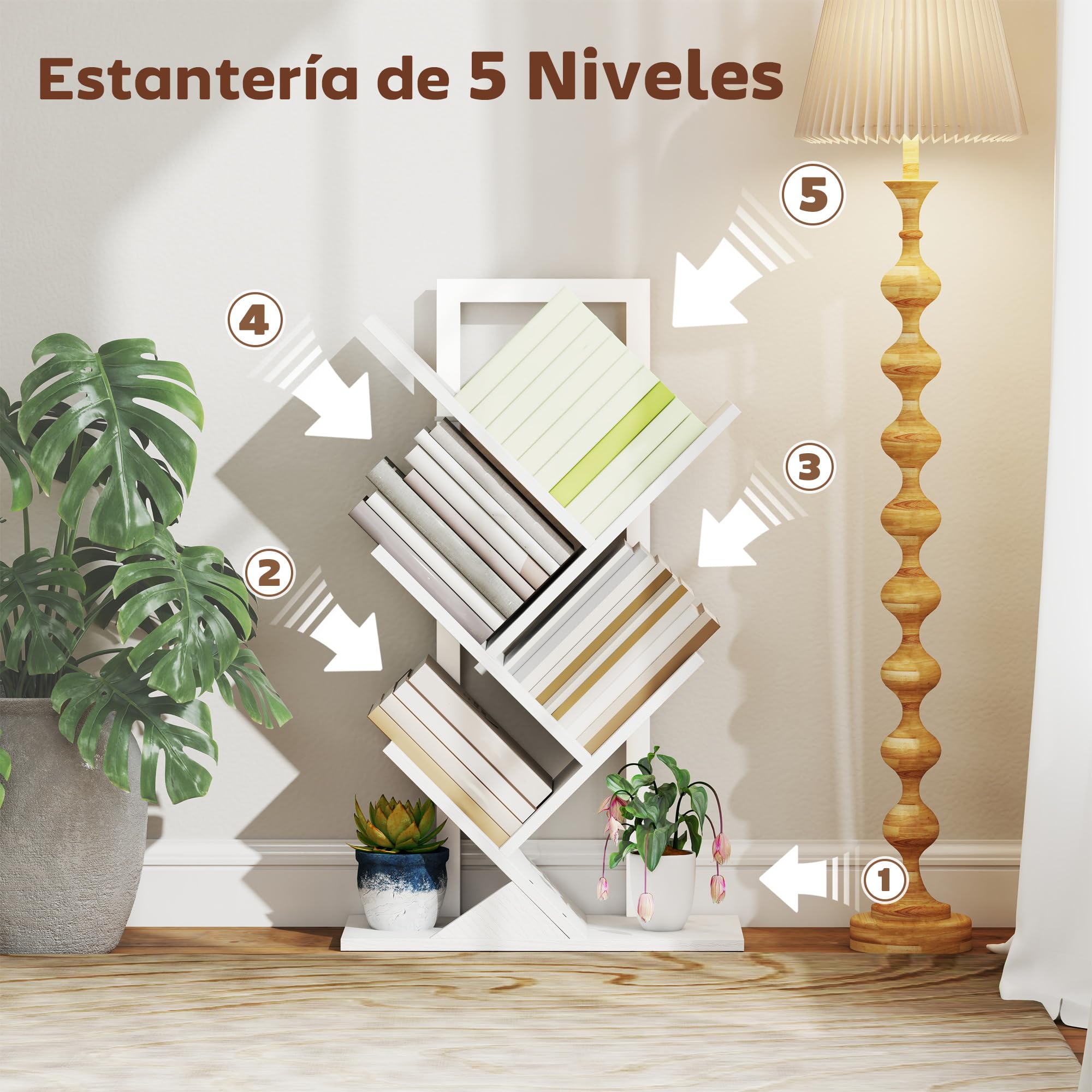 HOMCOM Librería en Forma de Árbol de 5 Niveles, Estantería de Libros con 5 Estantes, Estructura de Acero, para CD, DVD, Álbumes, Sala de Estar, Oficina, Estudio, Dormitorio, 50x24x82 cm, Blanco