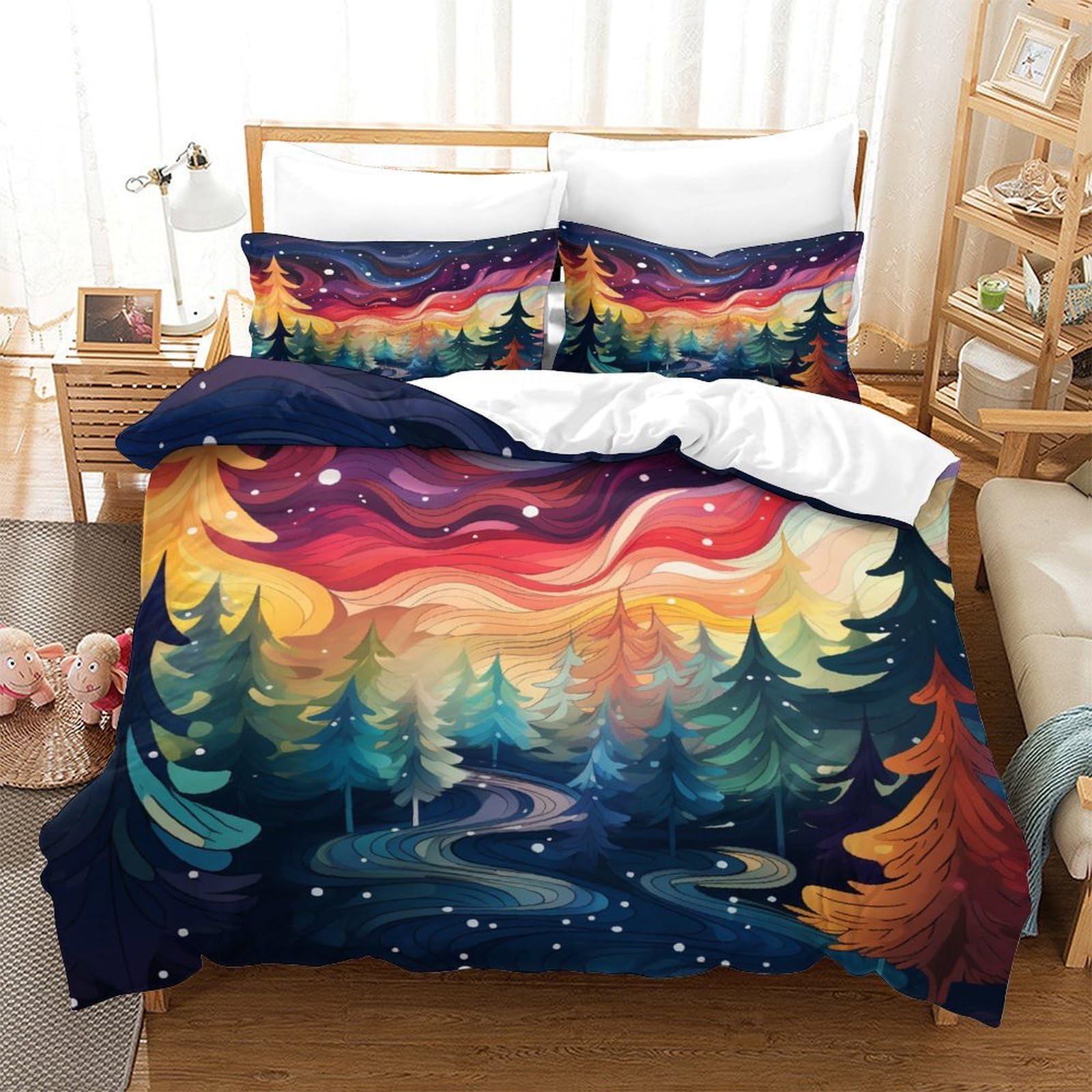 UENDOKRNN Colourful Christmas Tree Duvet Cover Set 3 PCS Hotel Quality Quilt Cover Bedding Set Bed Covers with Pillowcases with Zipper Closure Ultra Soft Anti Allergic Microfiber Single（140x200cm）