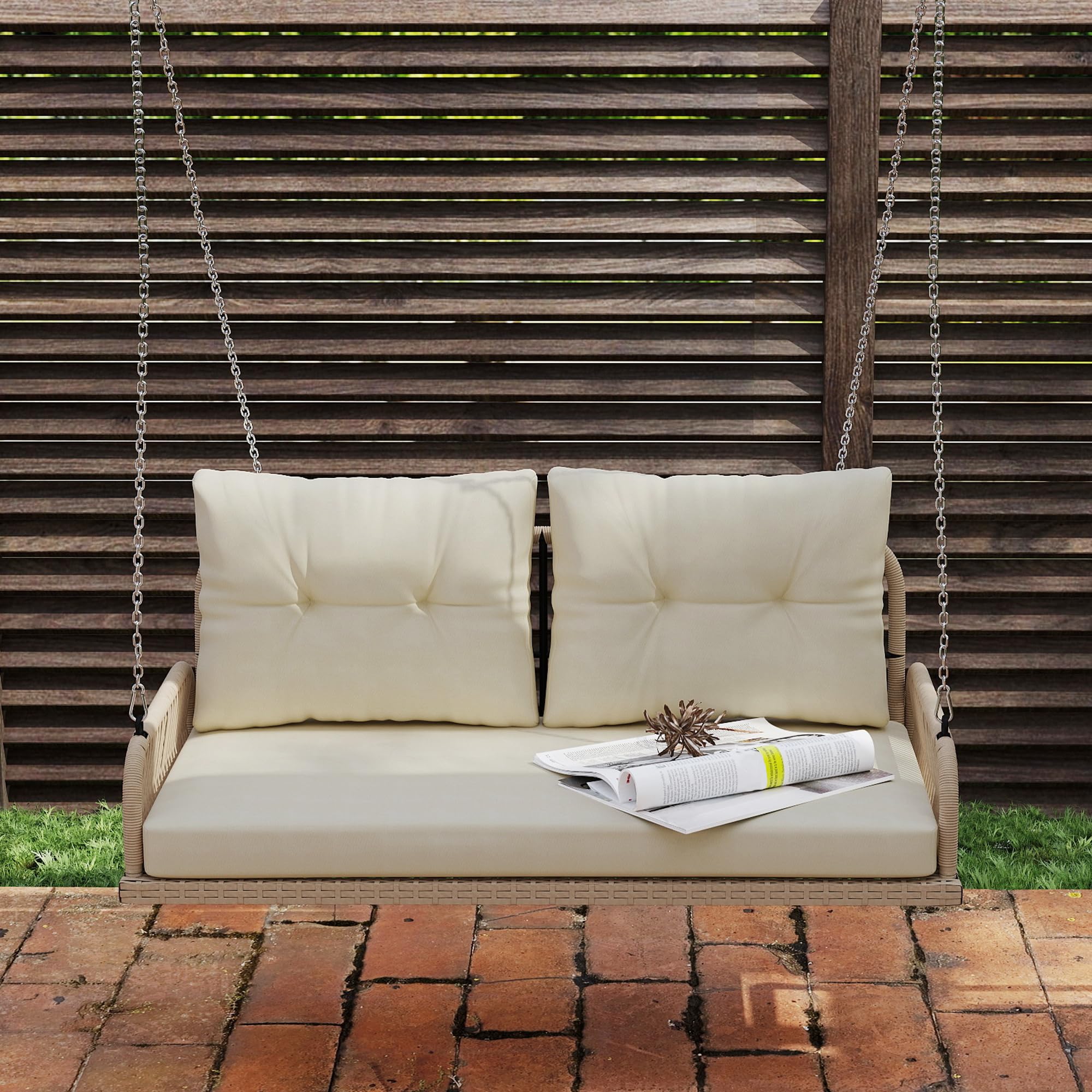 Outsunny Balancelle de Jardin en Résine Tressée 2 Places avec Coussins Amovibles, Charge 240 kg, 115x66x44cm, Beige