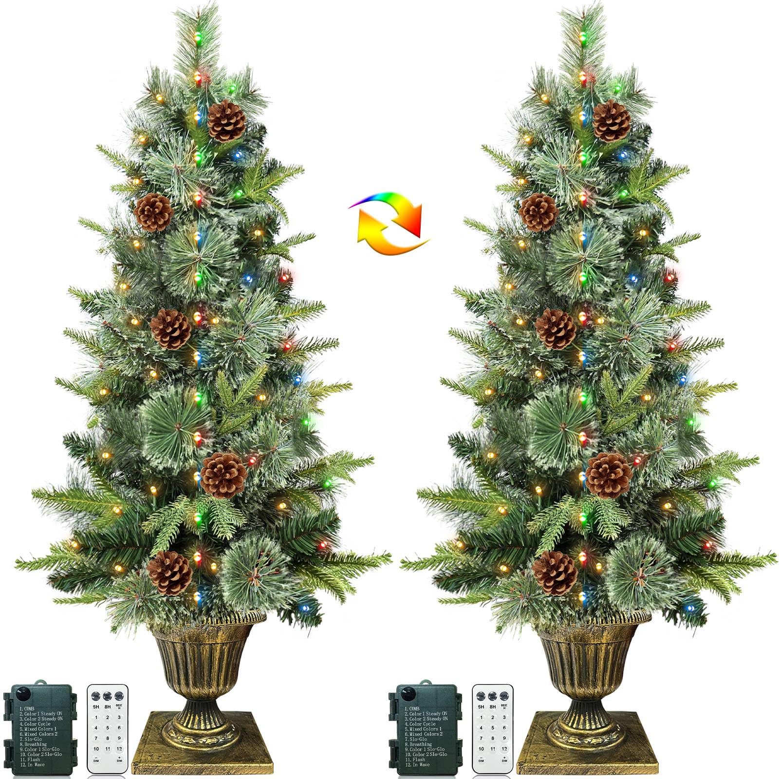 2 pack 3 ft potted christmas tree with 50 warm white & colored lights, realistic-feel pe christmas entrance tree 12 modes battery powered timer douglas fir trees for front door porch christmas decor