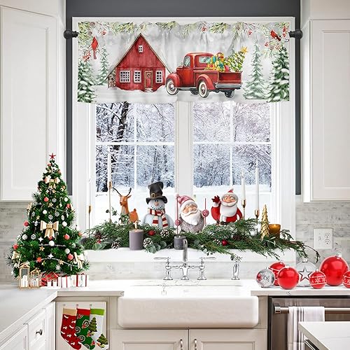 Miniatura 2 de Cortinas con cenefa cardenal para dormitorio, sala de estar, diseño de camión rojo con texto en inglés "Merry Christmas", persianas romanas para