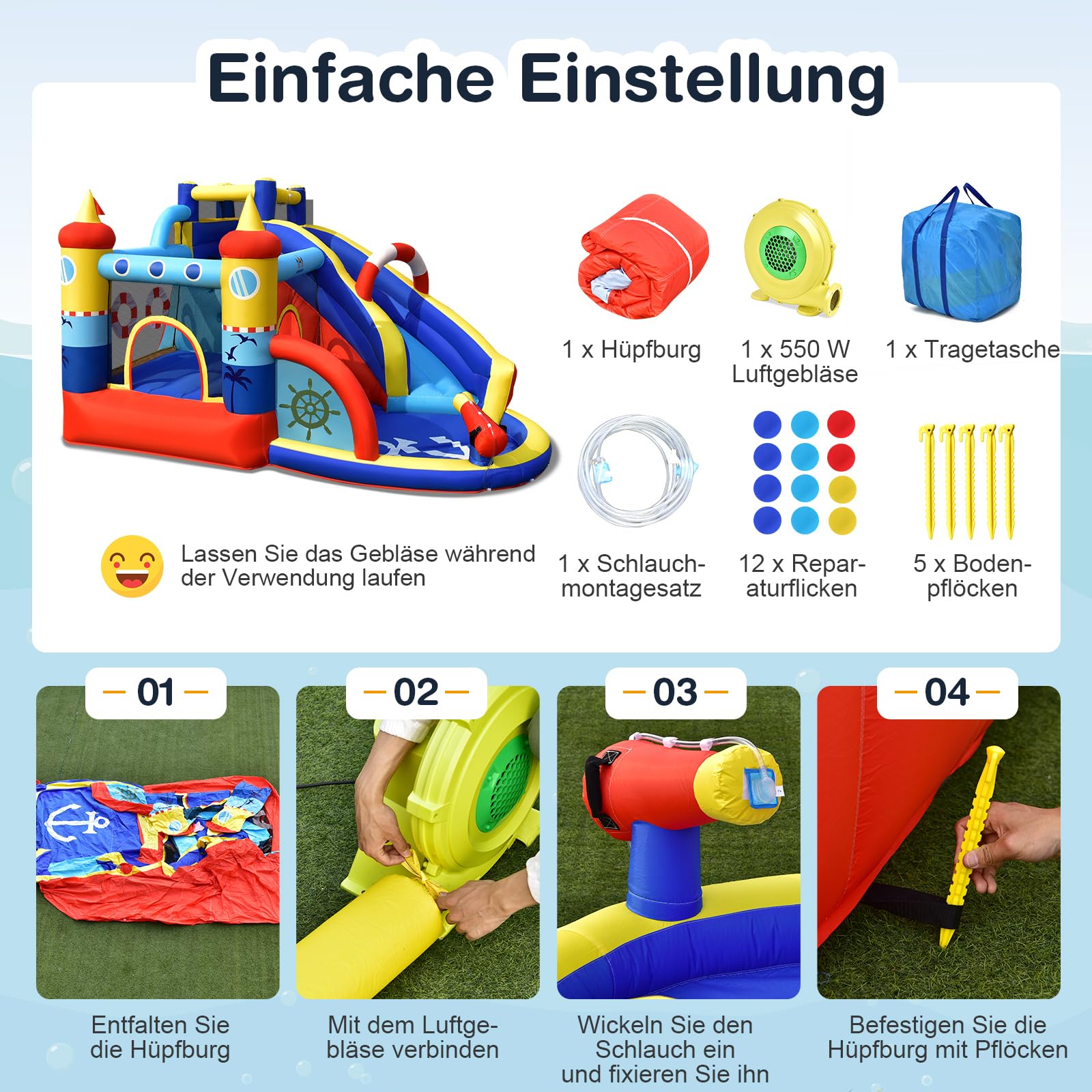 COSTWAY Aufblasbare Hüpfburg mit 550W Gebläse, 6-in-1 Wasserpark mit Rutsche, Planschbecken & Wasserkanone, Outdoor Bouncer Hüpfschloss Springburg für Kinder, Garten, 360 x 290 x 200 cm