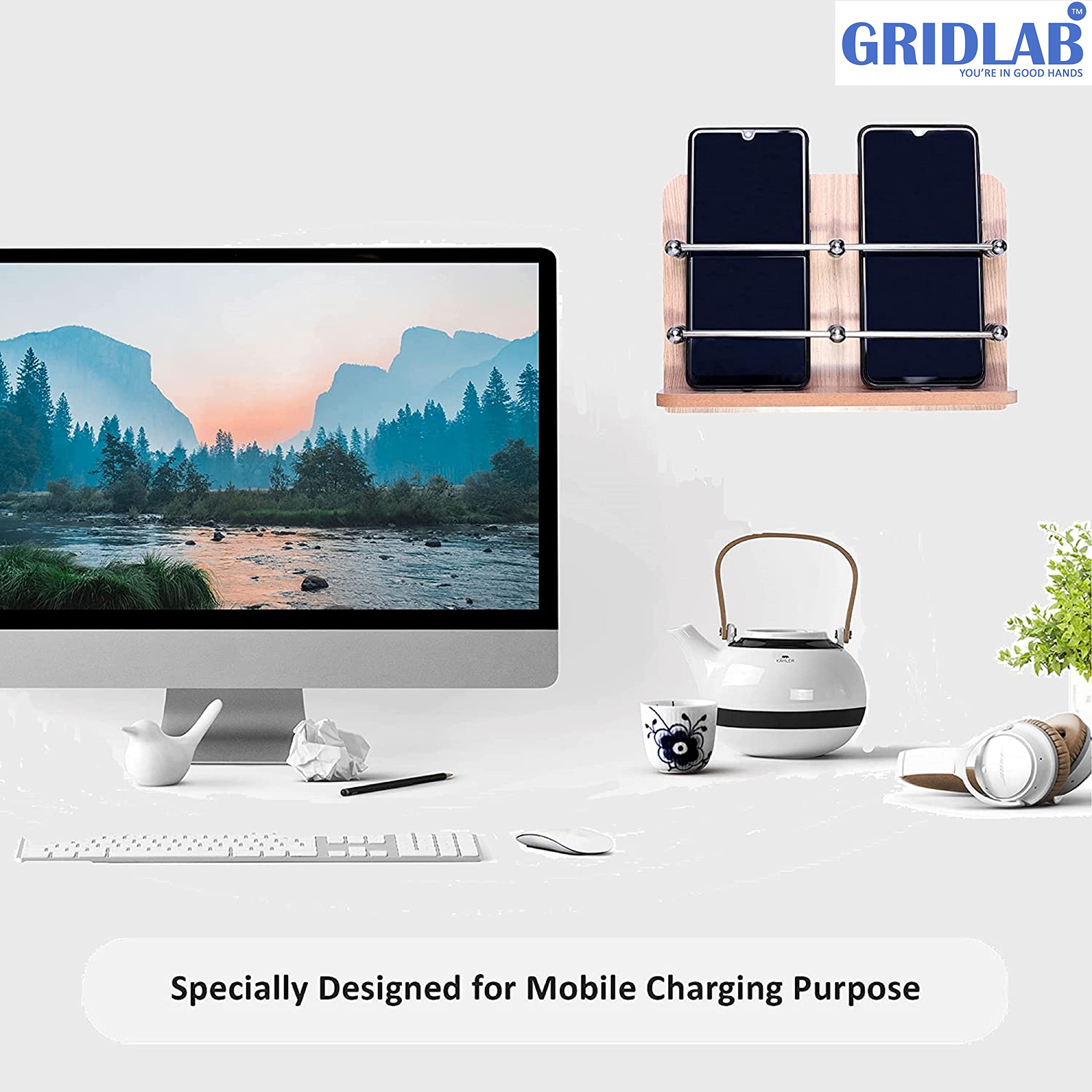 GRIDLAB™ Wooden Double Mobile Holder Stand for Mobile Charging, TV & AC Remote Holding and Keys Hanging at Home, Office, Bedroom, Hotel Wall Mount (Wooden Double Mobile Stand) 4