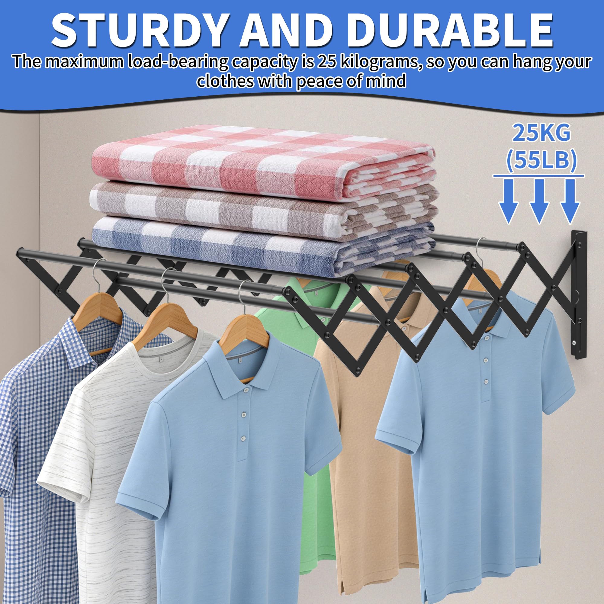 OUUTMEE Étendoir à linge mural extensible | Porte-serviettes pliable en acier inoxydable | 42 à 80 cm | Étendoir à linge rétractable pour intérieur ou extérieur, salle de bain, balcon, noir, taille M