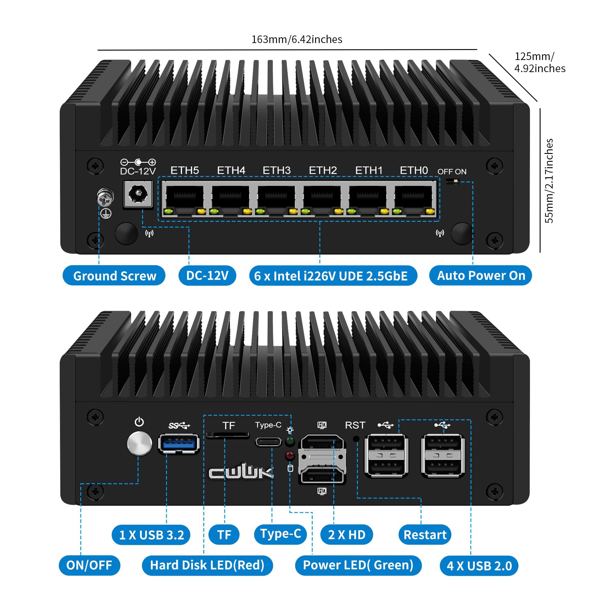CWWK Mini PC N150 (Upgraded N100) Firewall Appliance, OPNsense Mini Computer with 6 Port i226-V 2.5GbE LAN, F5 Fanless Micro PC DDR5 16GB RAM 256GB NVMe SSD, USB Type-C, 3-Display