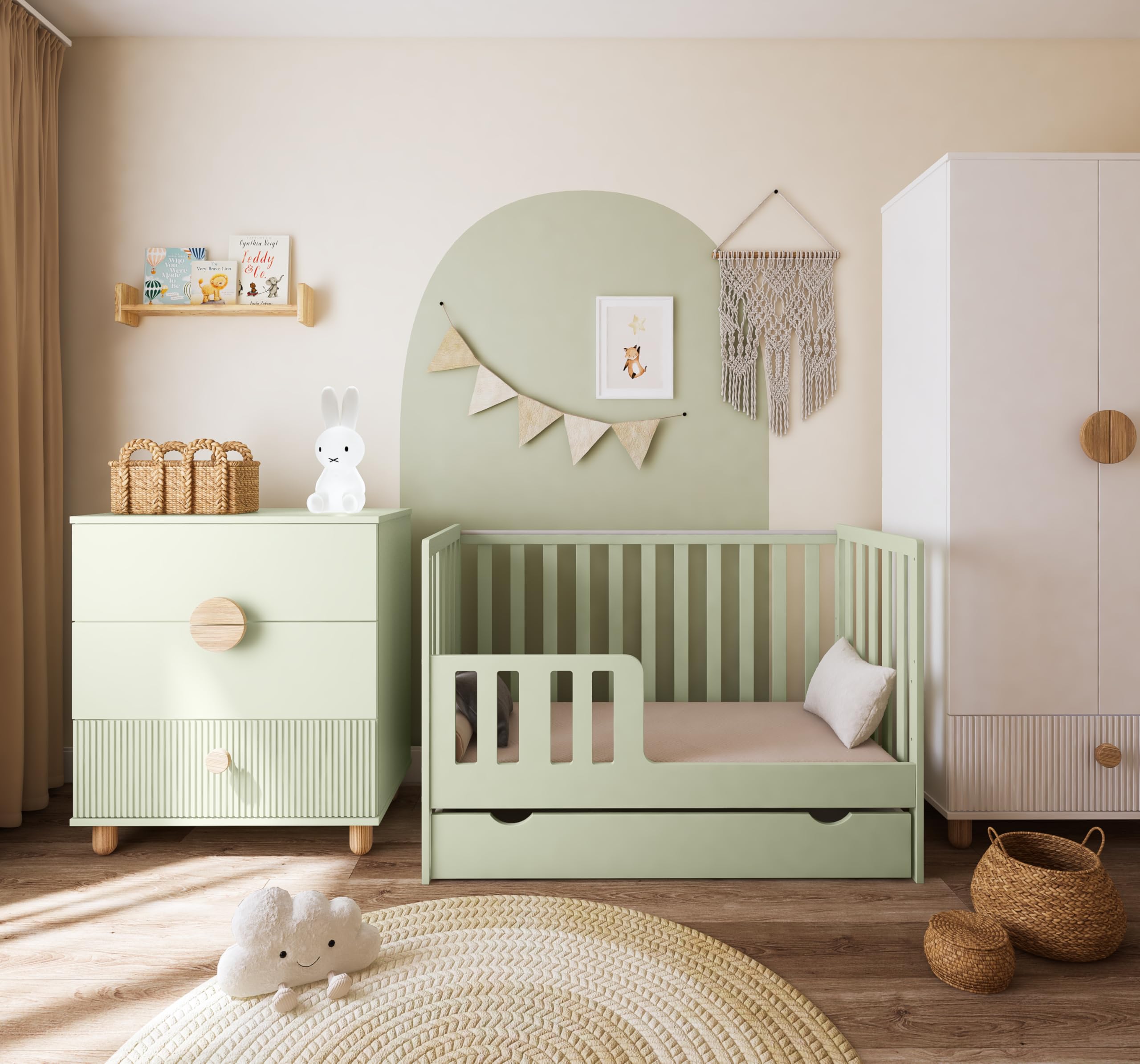 zee Cuna Bebé LUMI 120x60 cm 2 en 1 Convertible en Cama Infantil Verde Menta con Cajón y Barandilla Seguridad Madera de Pino Altura Regulable EN 716