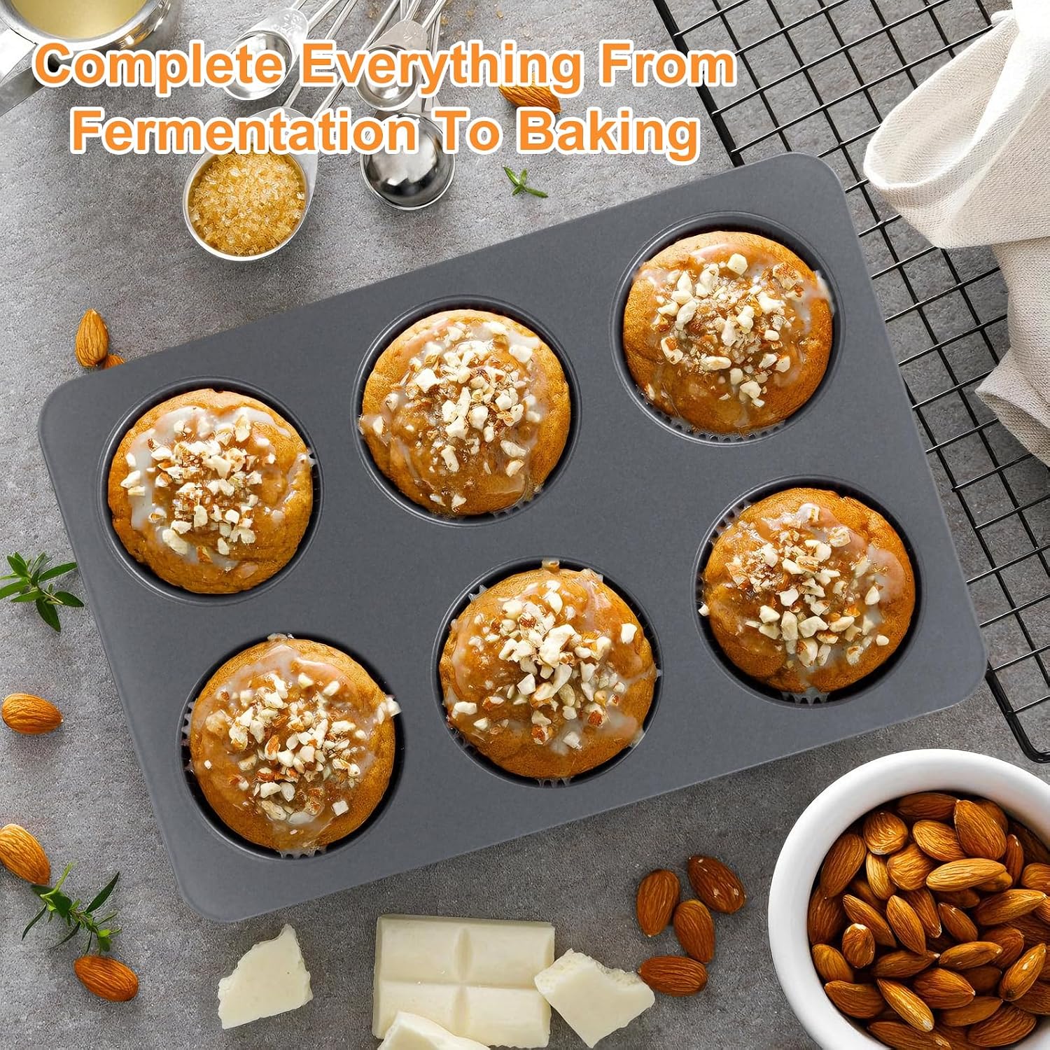 6 Cup Muffin Pan with Lid, Carbon Steel Non Stick Cupcake Pans for Baking, 9 x 13 Inch Even Crical Deep Baking Pan for Cup Cake, English Muffin, Whoopie Pie, Hamburger Buns