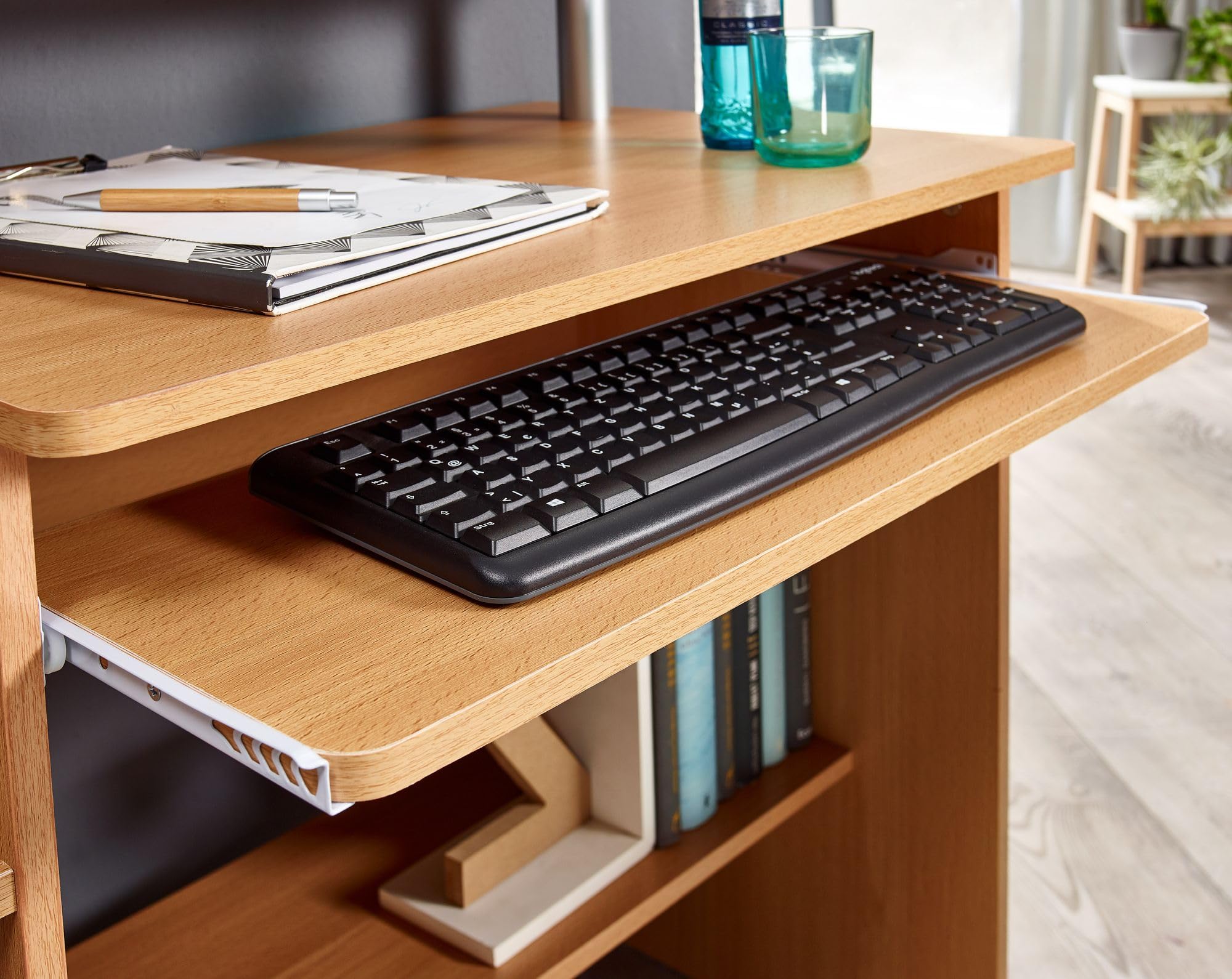 Wohnling Computertisch WL1.163 Buche 94x90,5x48,5 cm Laptop Tisch Modern mit Tastaturauszug, PC-Tisch mit Drucker-Ablage platzsparend, Schreibtisch für kleine Räume mit Ablage, Laptoptisch Klein