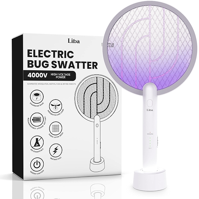 利巴电动苍蝇拍，2合1电虫拍，USB可充电4000V室内外灭蚊器，安全防护网设计，无线杀虫器，适用于家庭办公室露营庭院