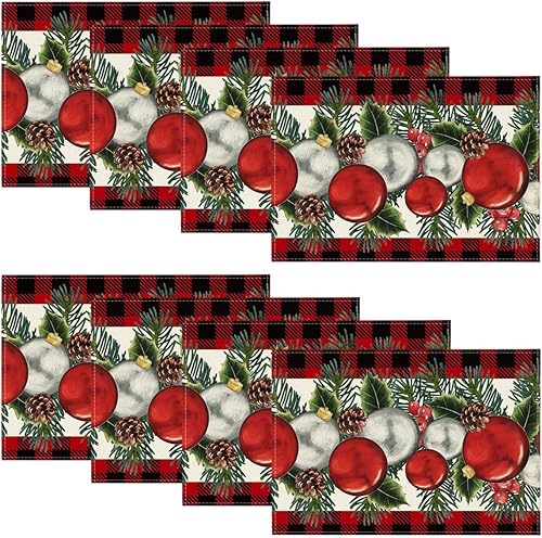 Miniatura 7 de Artoid Mode Buffalo - Juego de 6 manteles individuales de bolas de Navidad con diseño de conos de pino acebo, 12 x 18 pulgadas, para decoración de