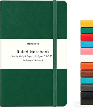 Huhuhero Hardcover Lined Journal, College Ruled Writing Notebook | 120Gsm Thick Paper Work Notebooks for Women Men, 5.25"8.25", Office & School Writing Supplies 1, Green