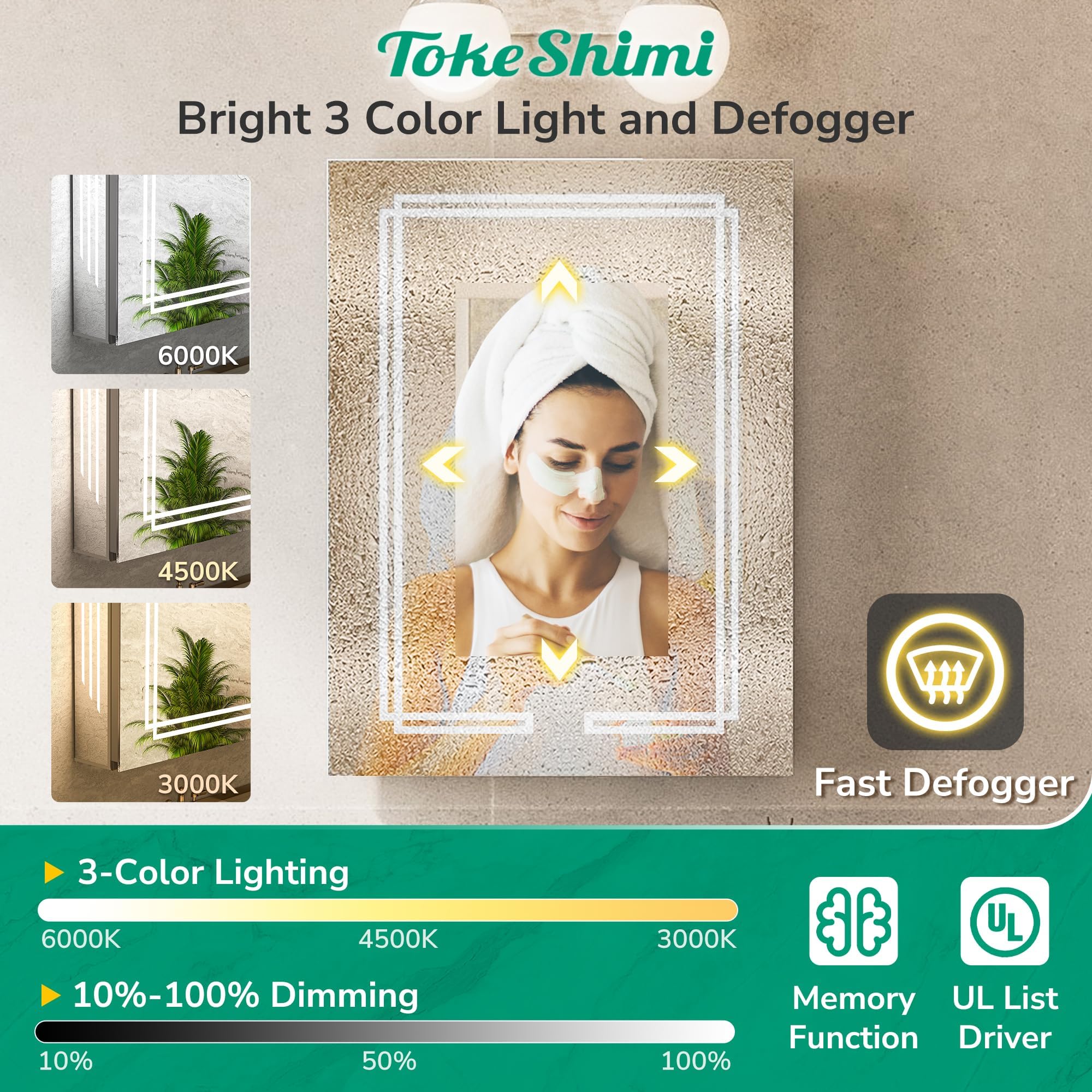 TokeShimi Armoire à pharmacie 24 x 32 LED avec miroir trempé, 3 couleurs éclairées, gradation continue, IRC 80+, anti-buée, fonction mémoire
