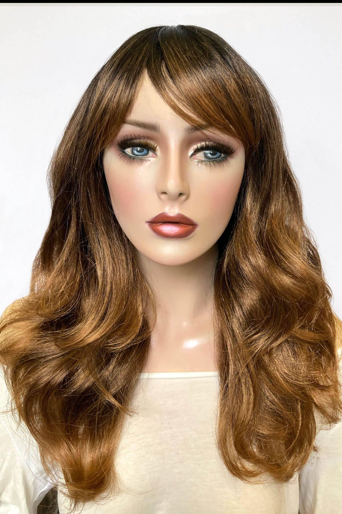 Ombre brown wig with reddish brown highlights & waves: Serenity