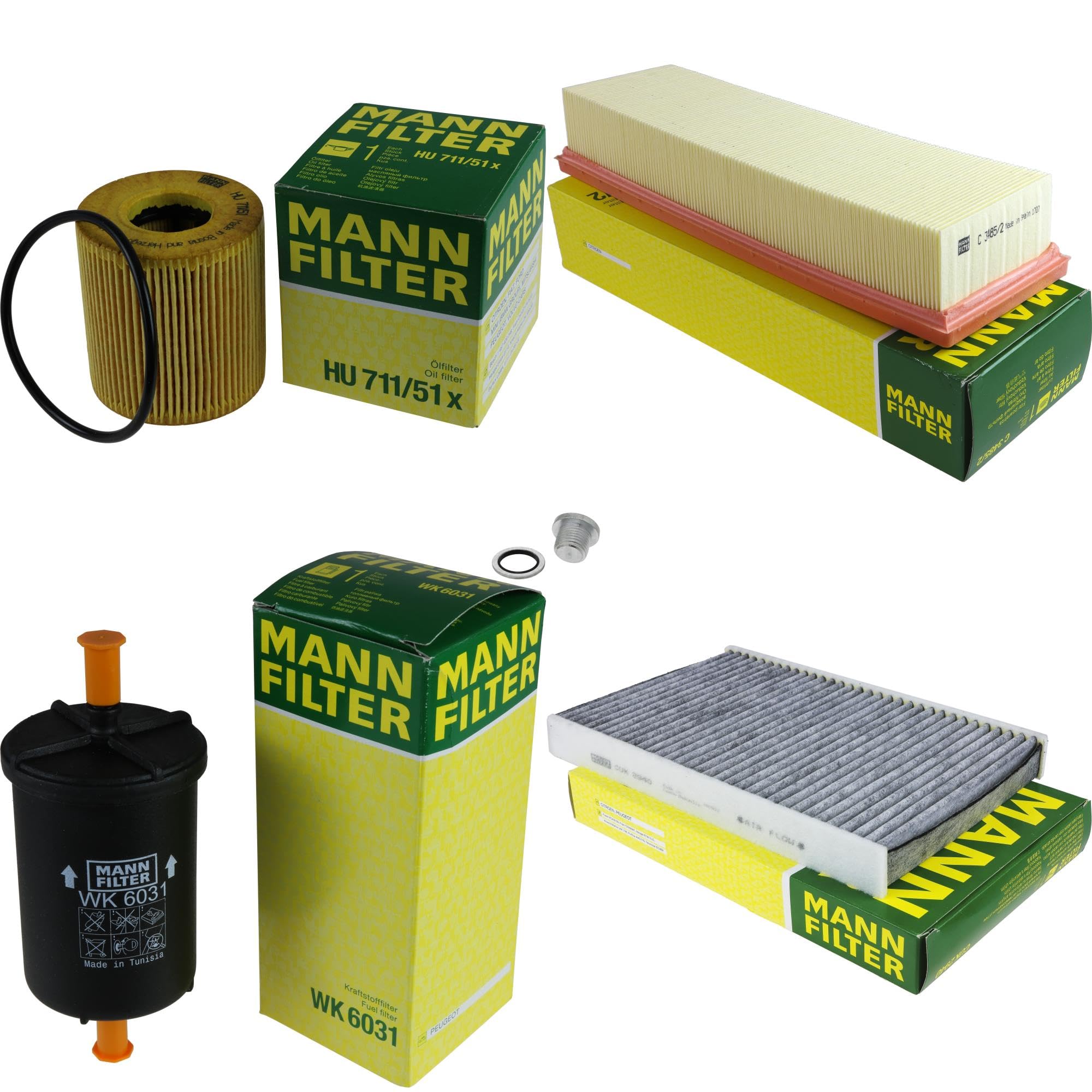 Paquete de inspección Kit de mantenimiento de filtros con filtro de aceite HU 711/51 x, filtro de aire C 3485/2, filtro de combustible WK 6031, filtro de habitáculo CUK 2940, tornillo de