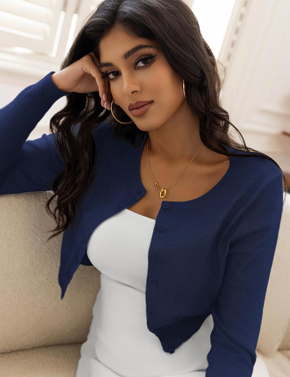 Women's Cropped Cardigan Sweaters Crew Neck Button Down Open Front Knit Bolero Shrugs - Image 3