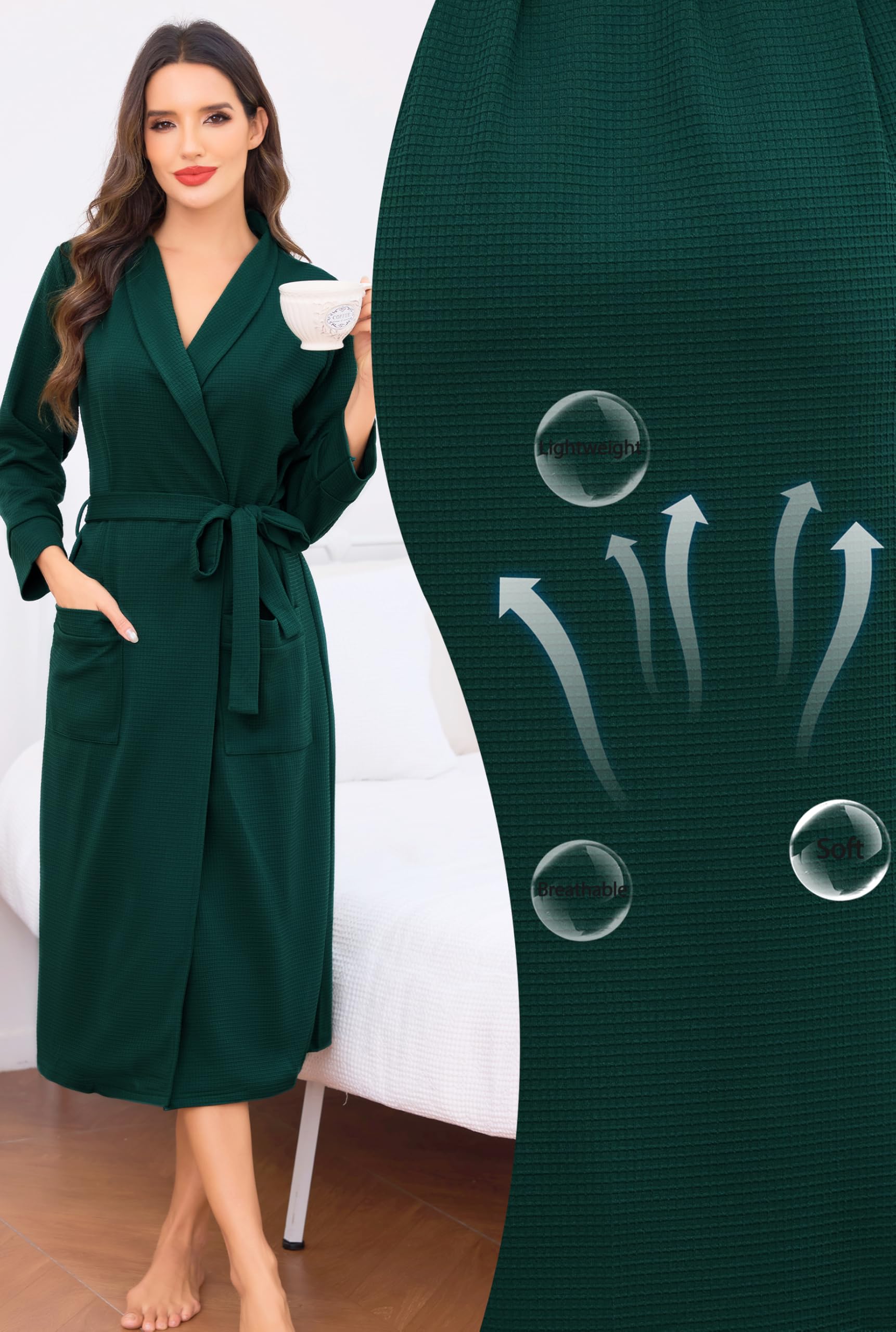 Vlazom Albornoz para mujer, de punto gofre, ligero, largo, de algodón suave, cuello de chal, albornoz de spa con bolsillos para todas las estaciones, S-3XL